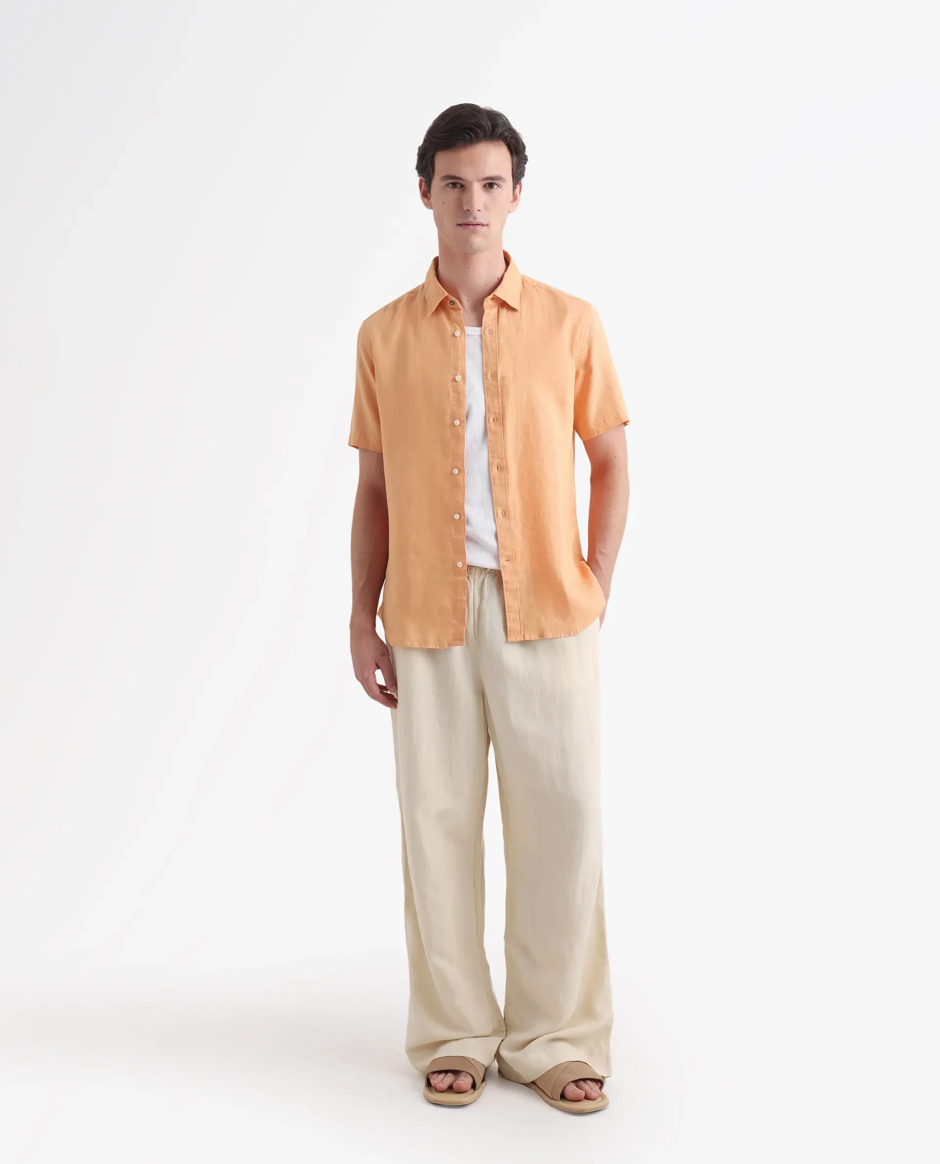Rare Rabbit Men's Flax Ss Orange 100% Linen Plain Regular Fit Half Sleeve Collared Shirt - Image 2