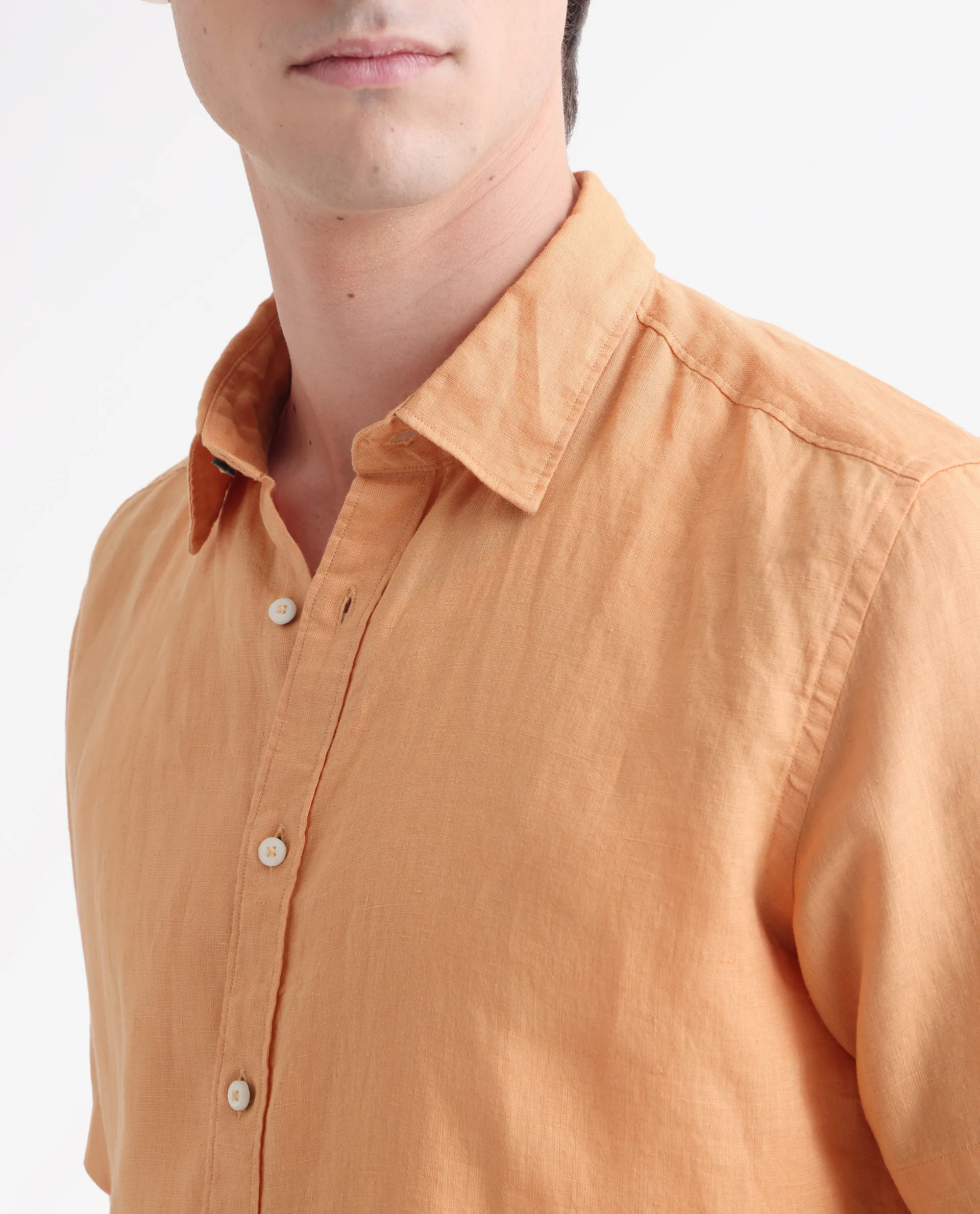 Rare Rabbit Men's Flax Ss Orange 100% Linen Plain Regular Fit Half Sleeve Collared Shirt - Image 3