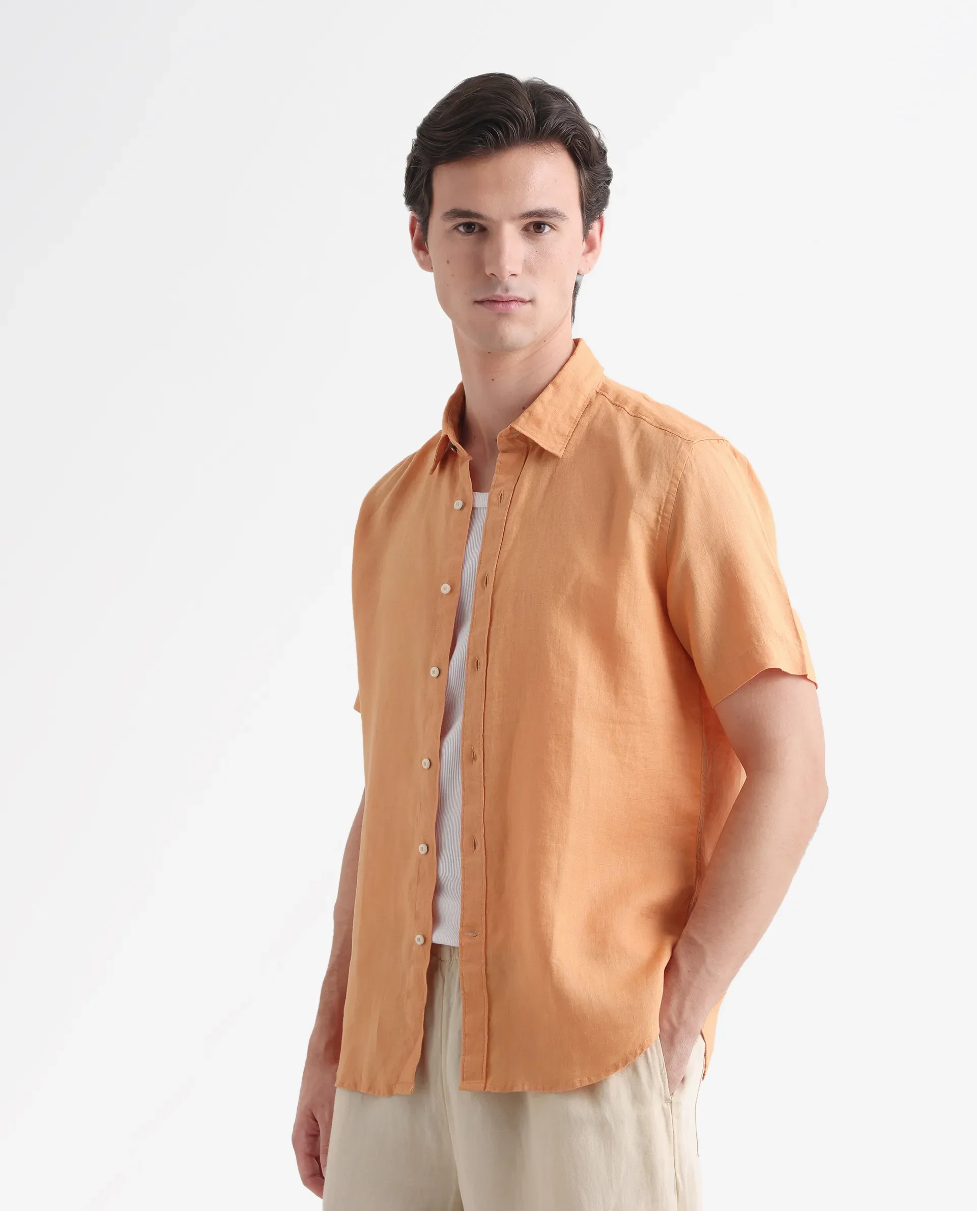 Rare Rabbit Men's Flax Ss Orange 100% Linen Plain Regular Fit Half Sleeve Collared Shirt - Image 4