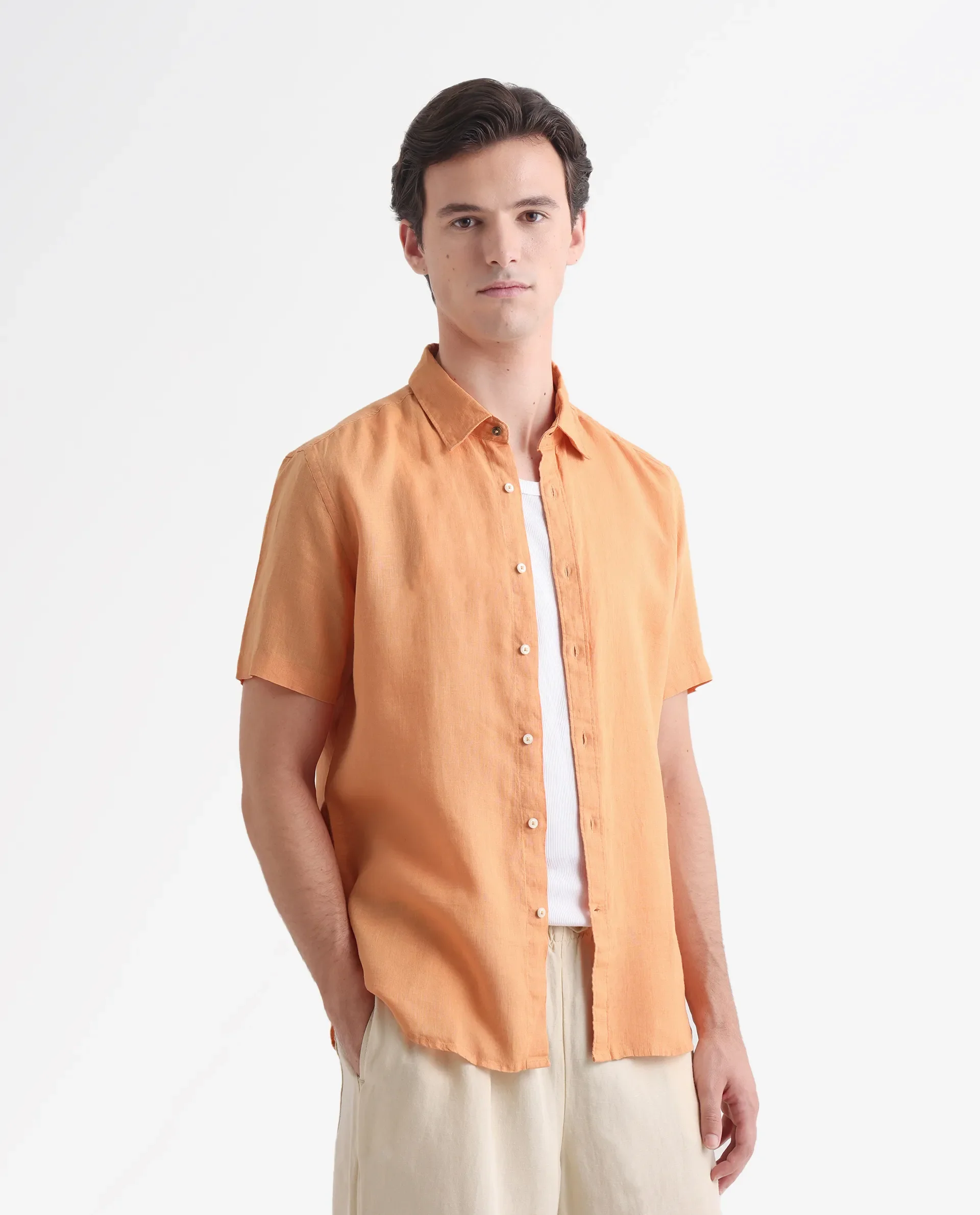Rare Rabbit Men's Flax Ss Orange 100% Linen Plain Regular Fit Half Sleeve Collared Shirt - Image 5