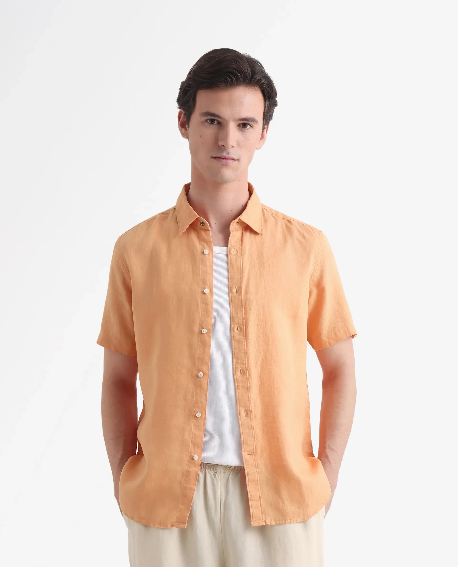 Rare Rabbit Men's Flax Ss Orange 100% Linen Plain Regular Fit Half Sleeve Collared Shirt - Image 6