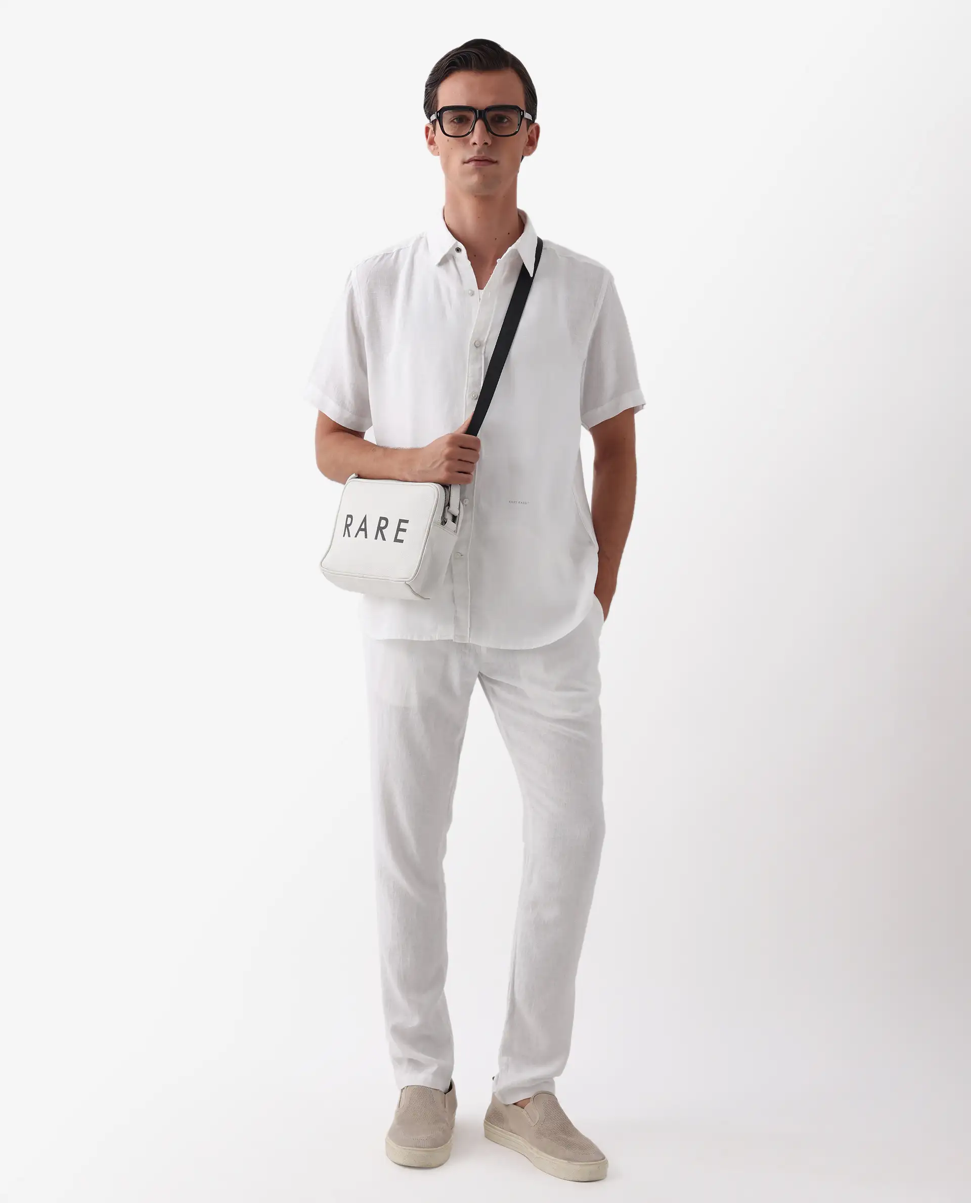 Rare Rabbit Men's Flax Ss White 100% Linen Plain Regular Fit Half Sleeve Spread Collar Shirt - Image 2