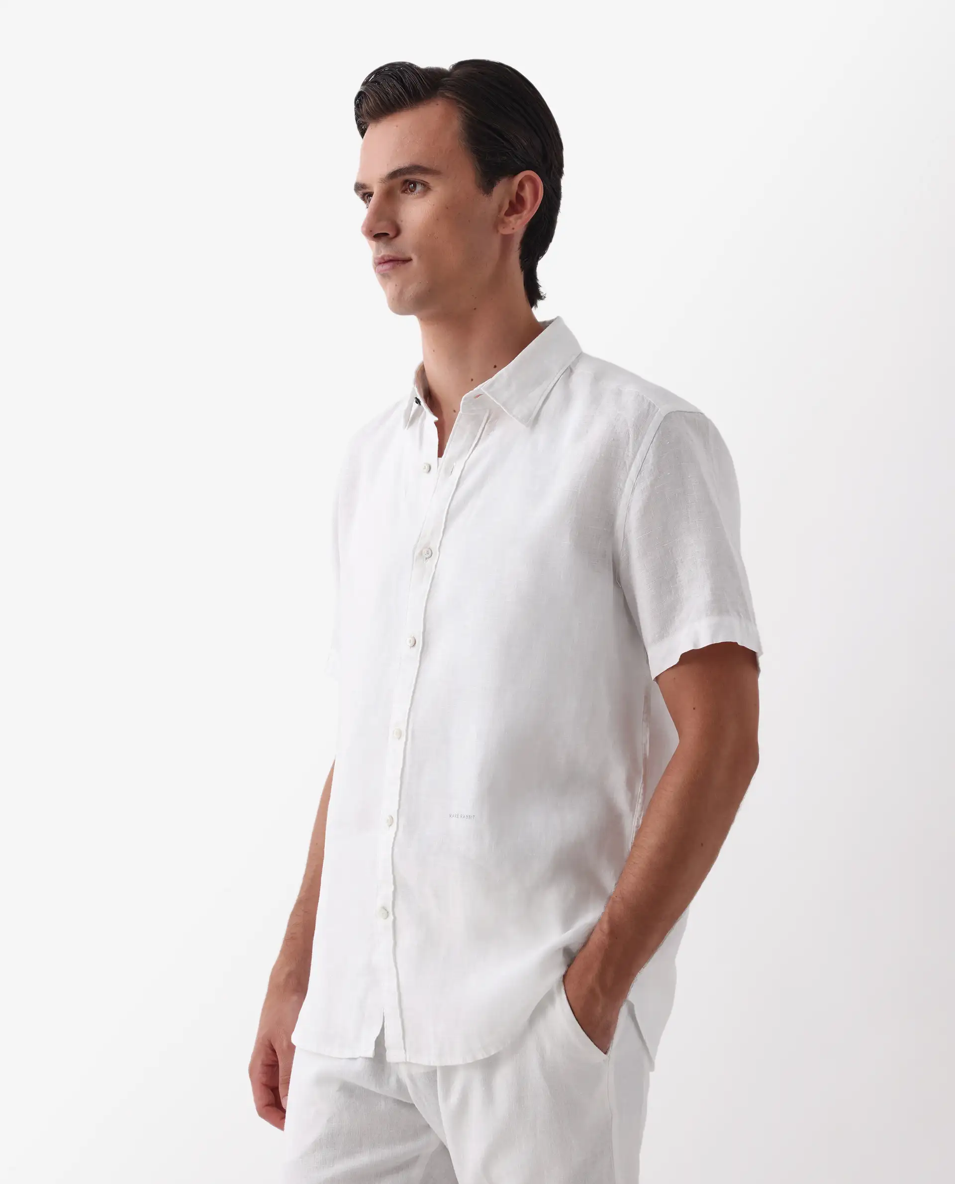 Rare Rabbit Men's Flax Ss White 100% Linen Plain Regular Fit Half Sleeve Spread Collar Shirt - Image 5