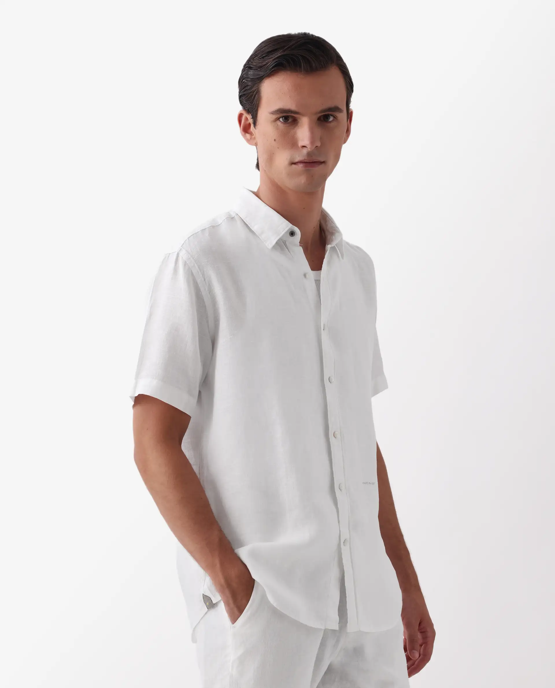Rare Rabbit Men's Flax Ss White 100% Linen Plain Regular Fit Half Sleeve Spread Collar Shirt - Image 6