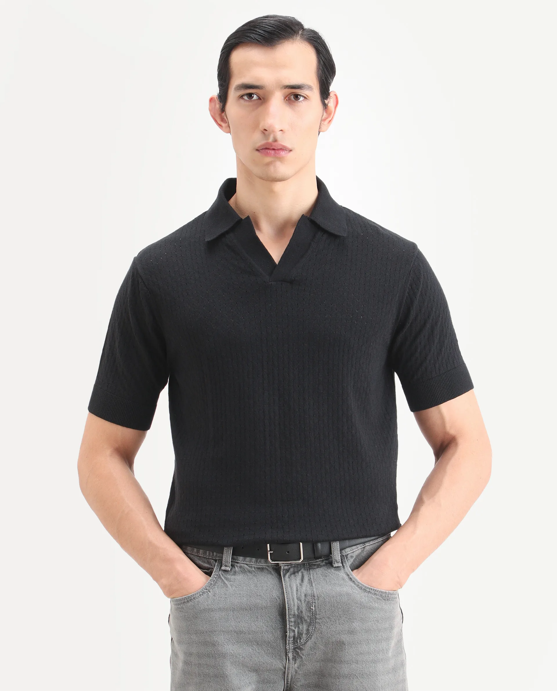Rare Rabbit Men's Flay Black Cotton Fabric Half Sleeve Johnny Collar Regular Jacquard Polo