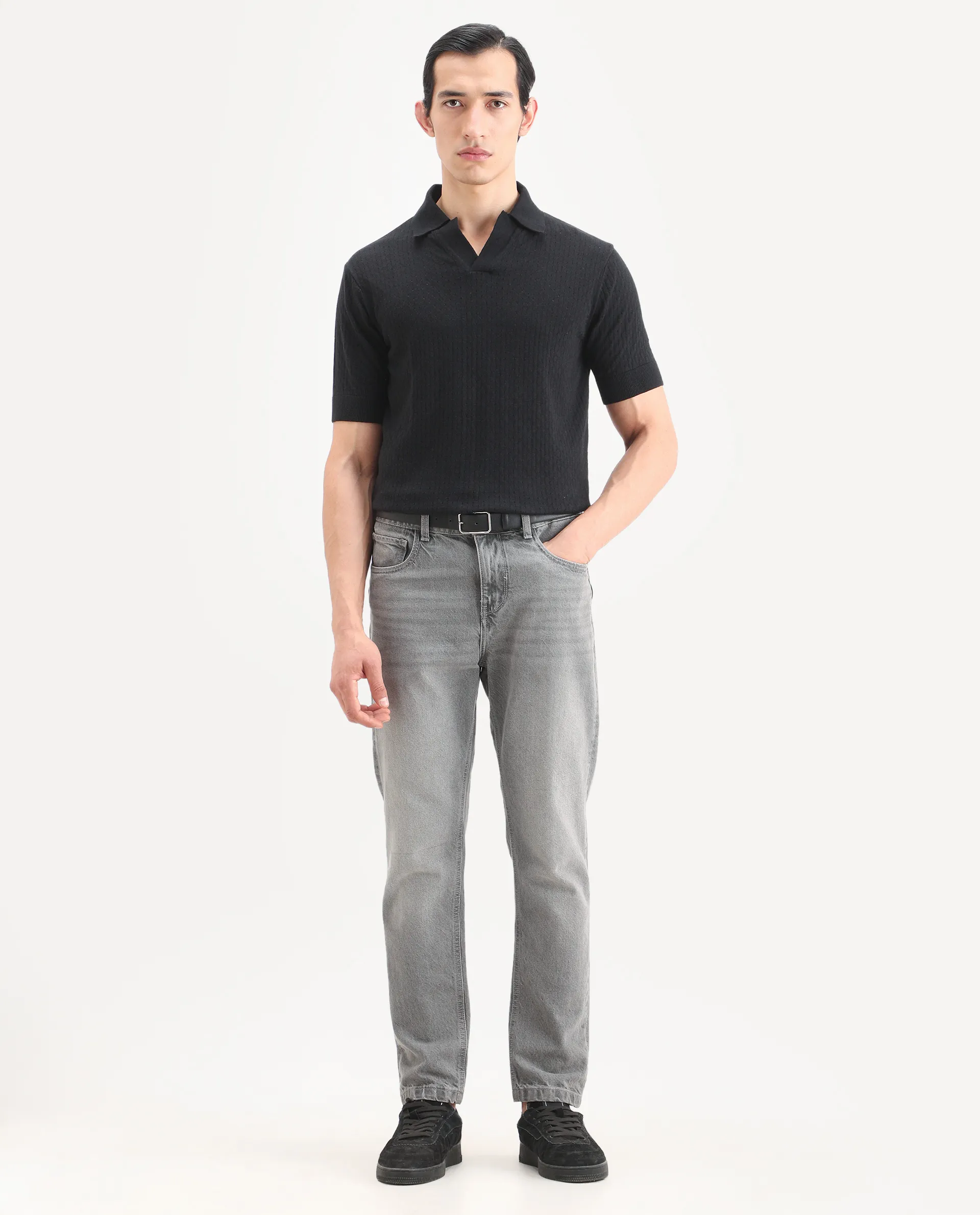 Rare Rabbit Men's Flay Black Cotton Fabric Half Sleeve Johnny Collar Regular Jacquard Polo - Image 2
