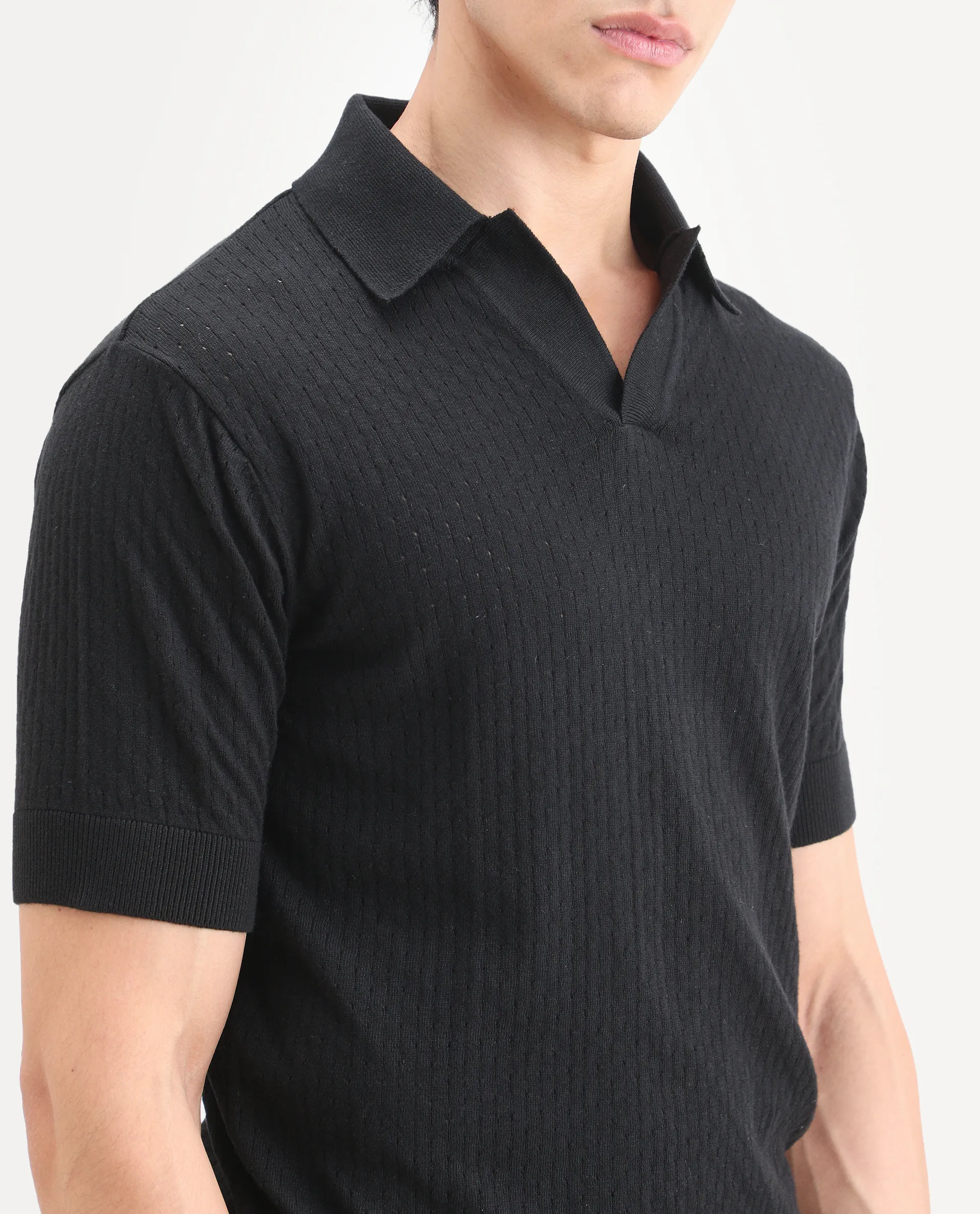 Rare Rabbit Men's Flay Black Cotton Fabric Half Sleeve Johnny Collar Regular Jacquard Polo - Image 3