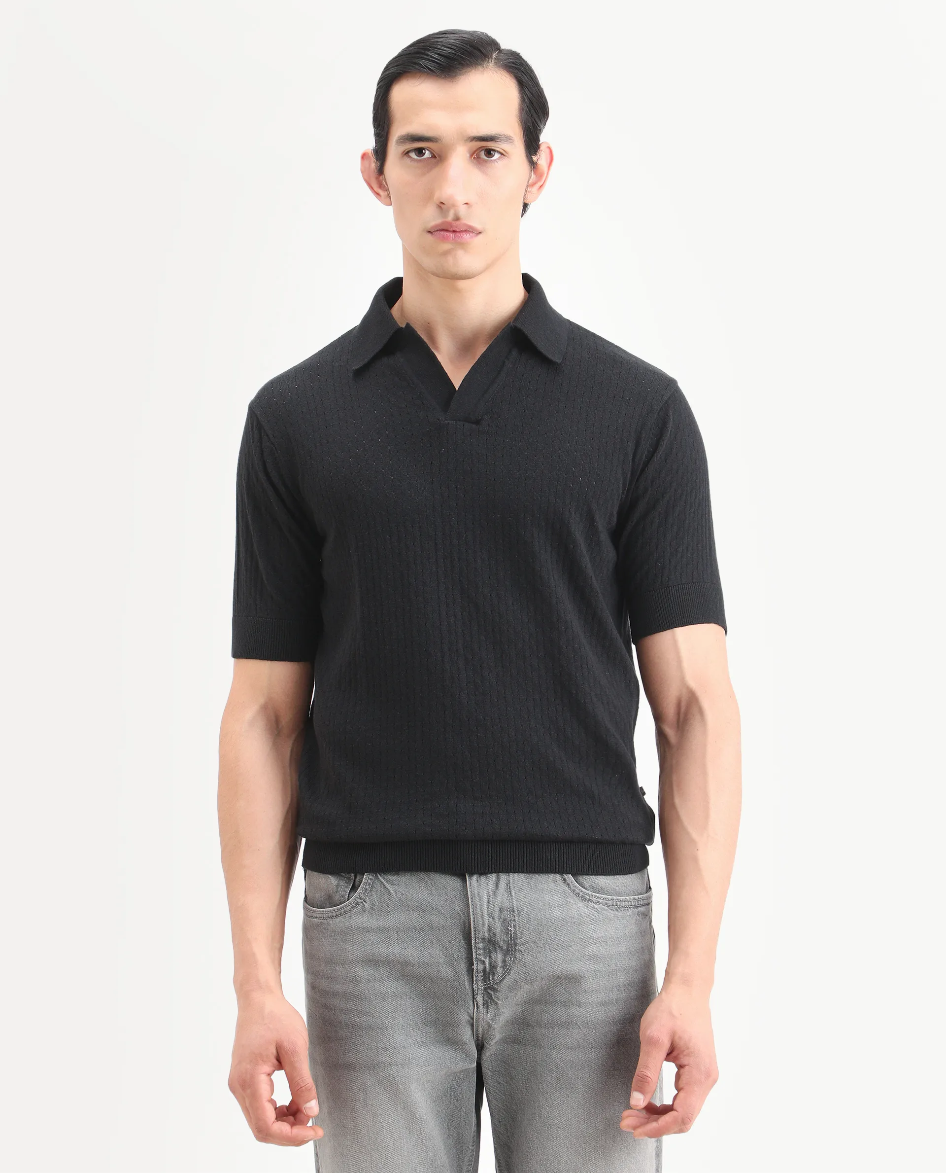 Rare Rabbit Men's Flay Black Cotton Fabric Half Sleeve Johnny Collar Regular Jacquard Polo - Image 4
