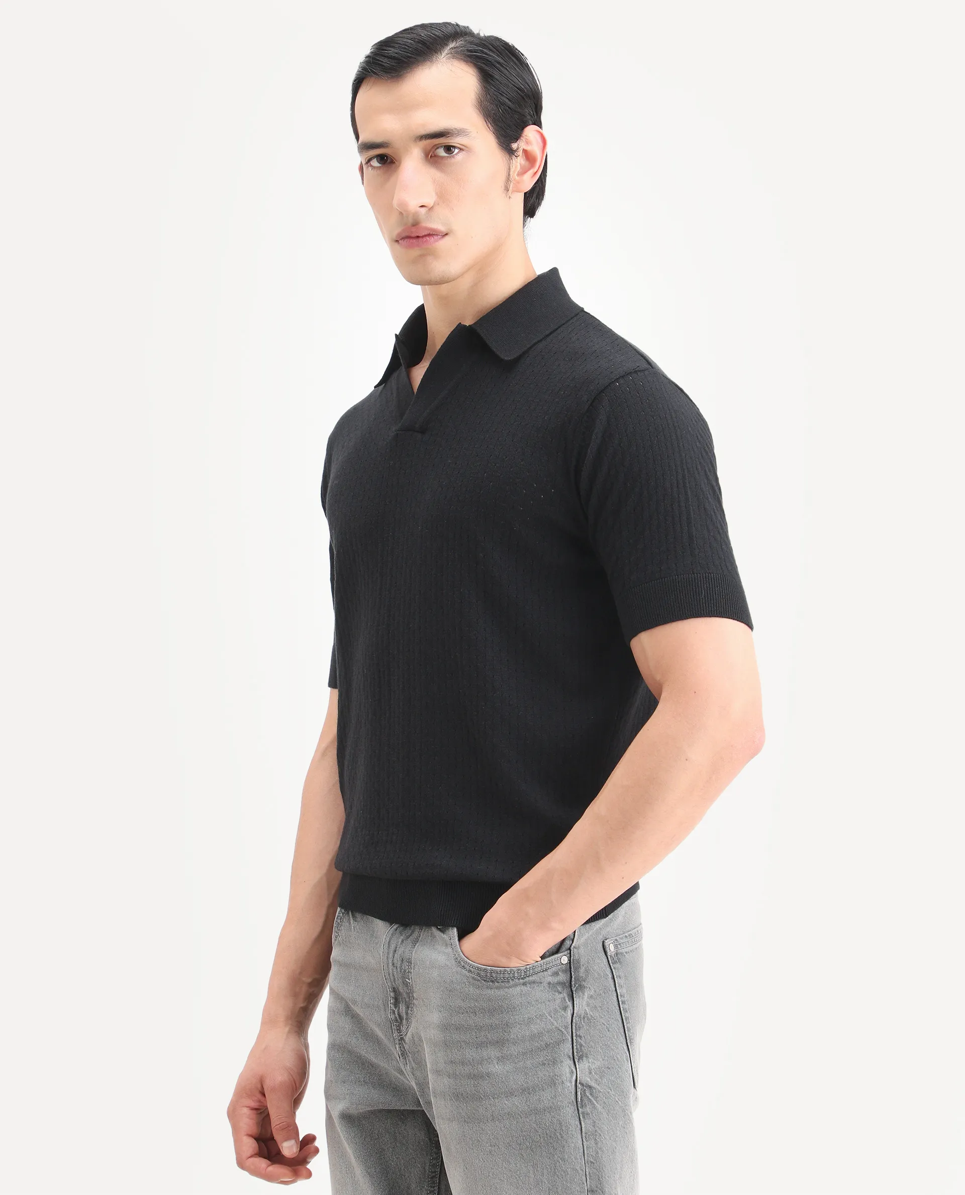 Rare Rabbit Men's Flay Black Cotton Fabric Half Sleeve Johnny Collar Regular Jacquard Polo - Image 5
