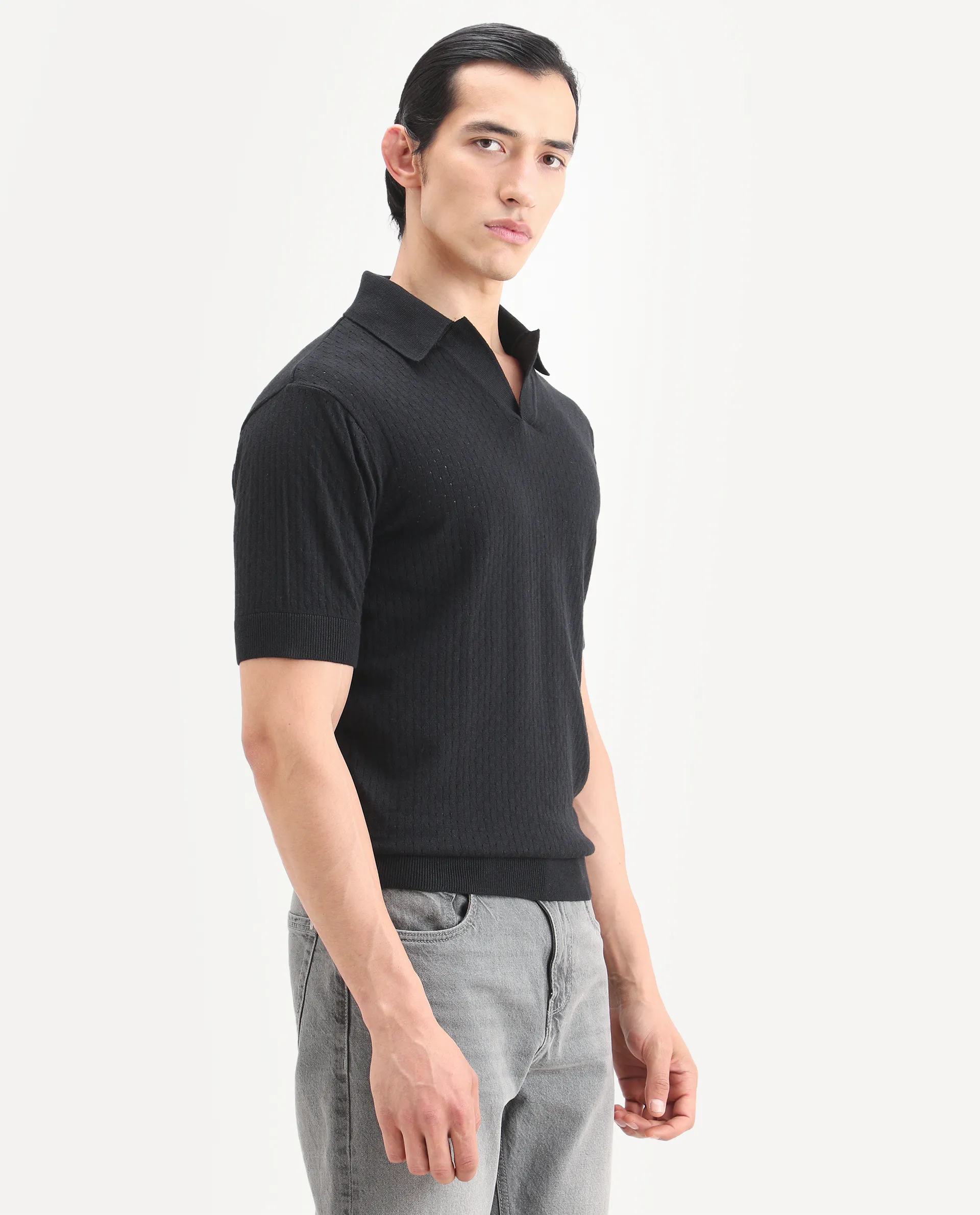 Rare Rabbit Men's Flay Black Cotton Fabric Half Sleeve Johnny Collar Regular Jacquard Polo - Image 6