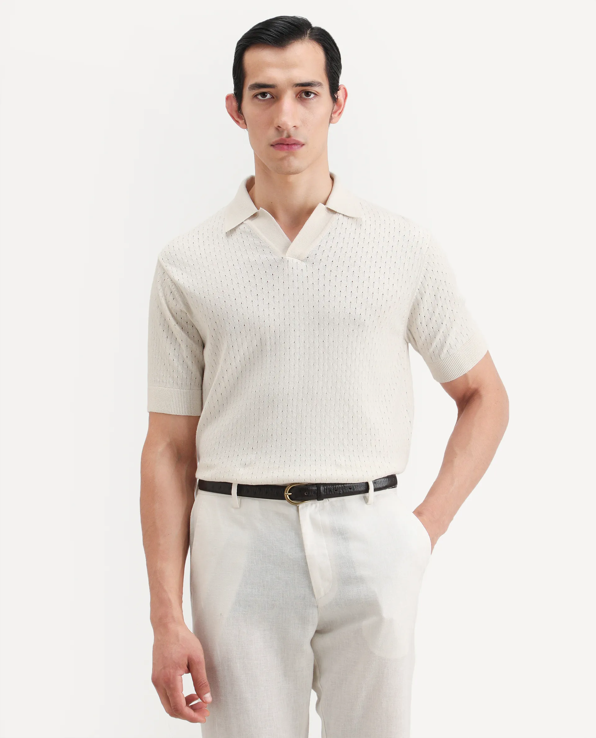 Rare Rabbit Men's Flay Off White Cotton Fabric Half Sleeve Jonny Collar Regular Jcaquard Polo - Image 4