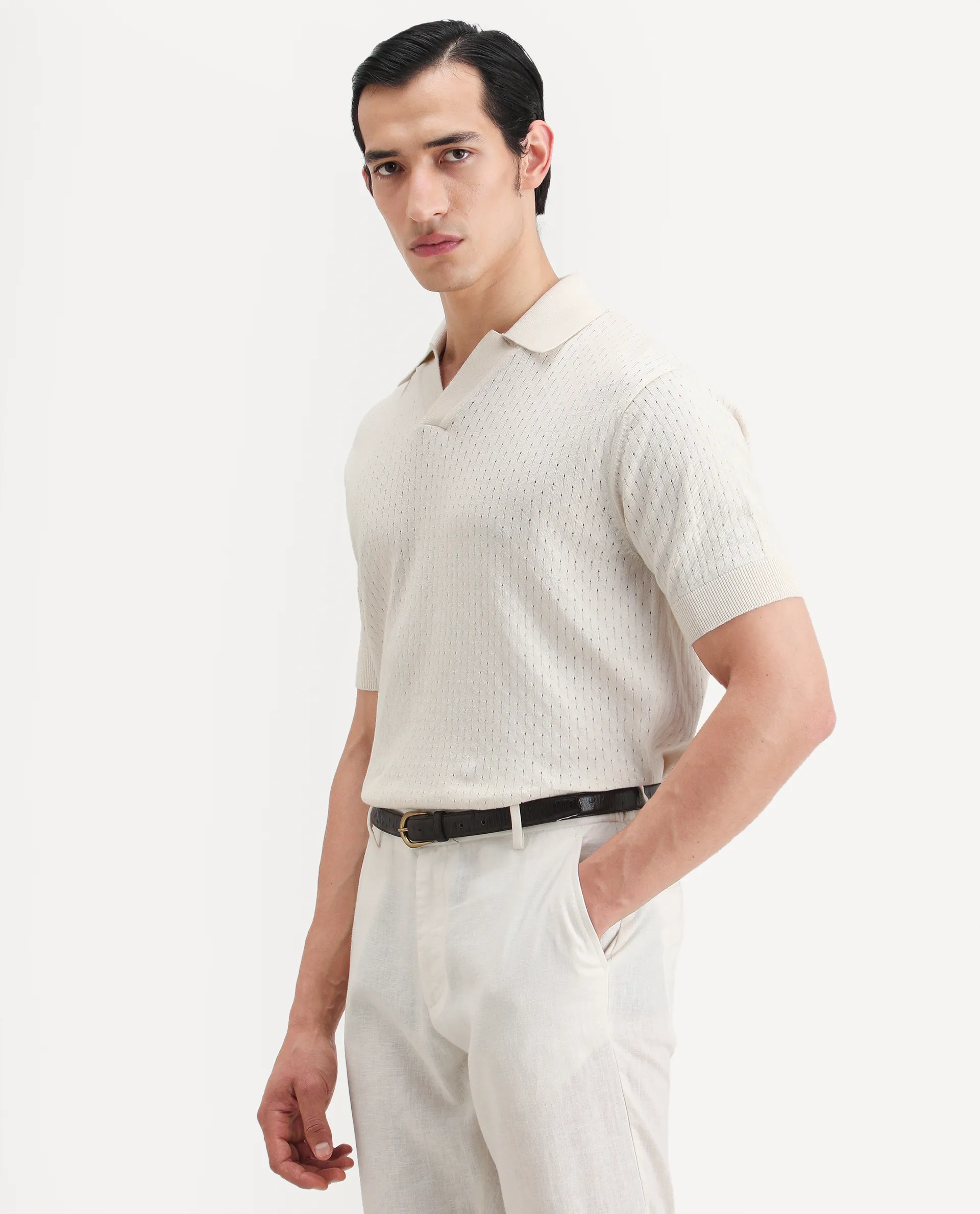 Rare Rabbit Men's Flay Off White Cotton Fabric Half Sleeve Jonny Collar Regular Jcaquard Polo - Image 5