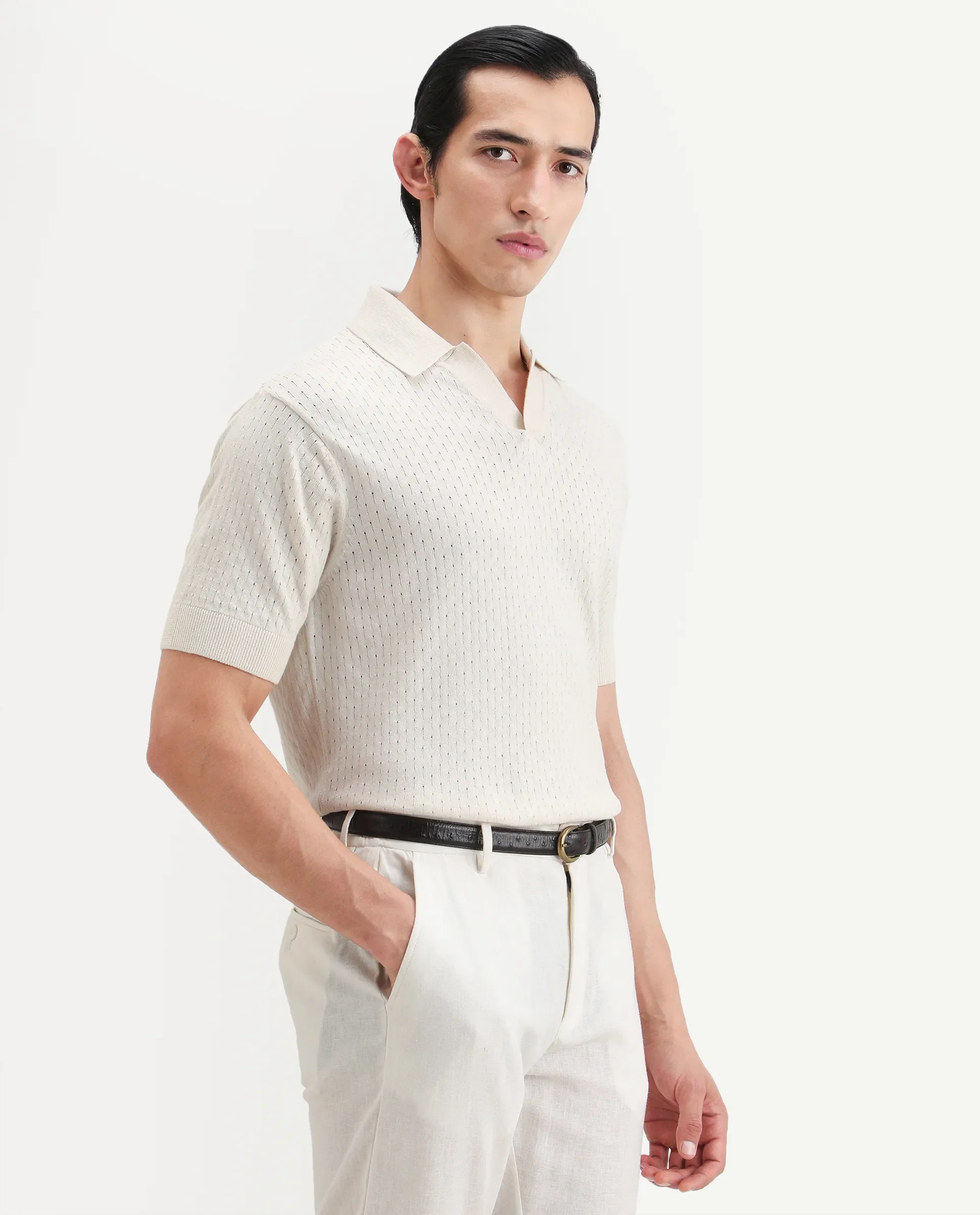 Rare Rabbit Men's Flay Off White Cotton Fabric Half Sleeve Jonny Collar Regular Jcaquard Polo - Image 6