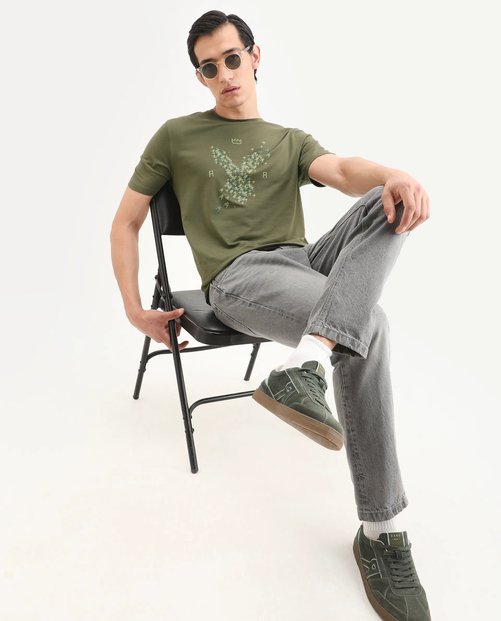 Rare Rabbit Men's Fle Olive Cotton Blend Fabric Half Sleeve Crew Neck Regular Fit Graphic Print T-Shirt - Image 2