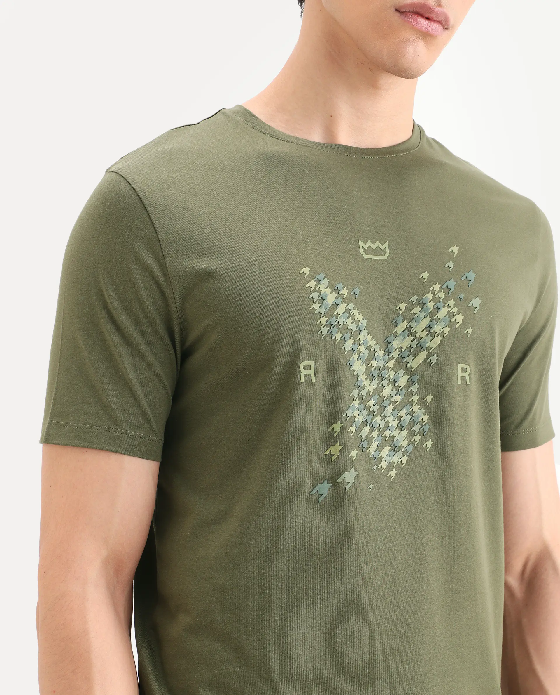 Rare Rabbit Men's Fle Olive Cotton Blend Fabric Half Sleeve Crew Neck Regular Fit Graphic Print T-Shirt - Image 3