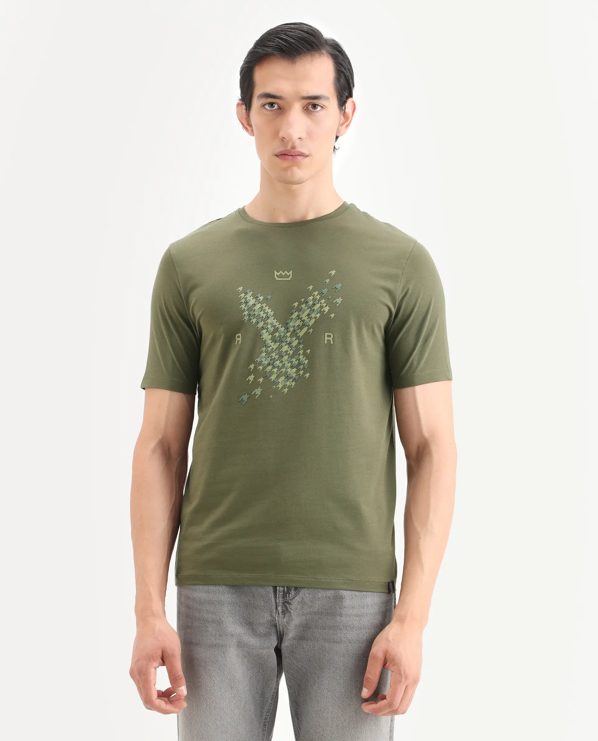 Rare Rabbit Men's Fle Olive Cotton Blend Fabric Half Sleeve Crew Neck Regular Fit Graphic Print T-Shirt - Image 4