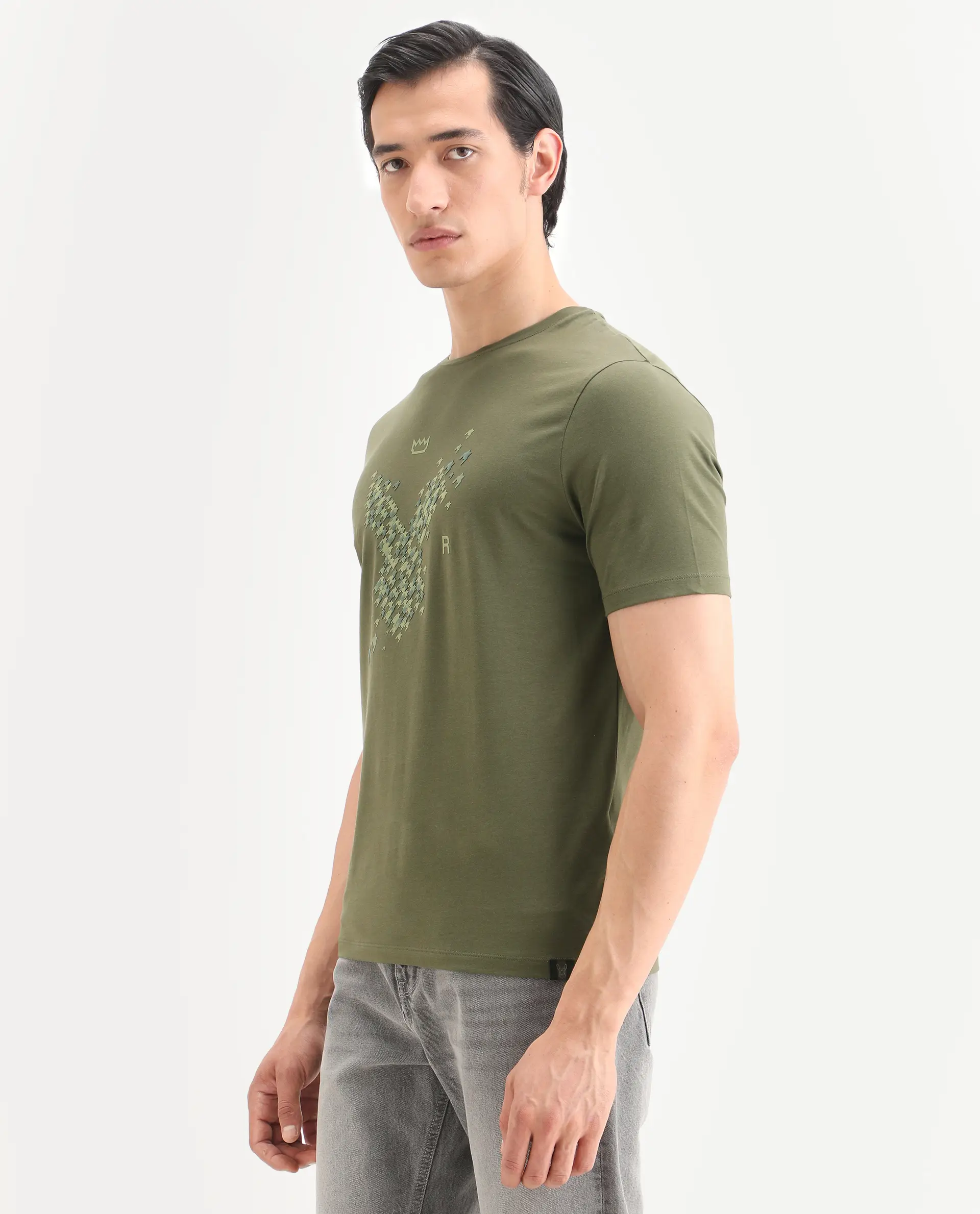 Rare Rabbit Men's Fle Olive Cotton Blend Fabric Half Sleeve Crew Neck Regular Fit Graphic Print T-Shirt - Image 5