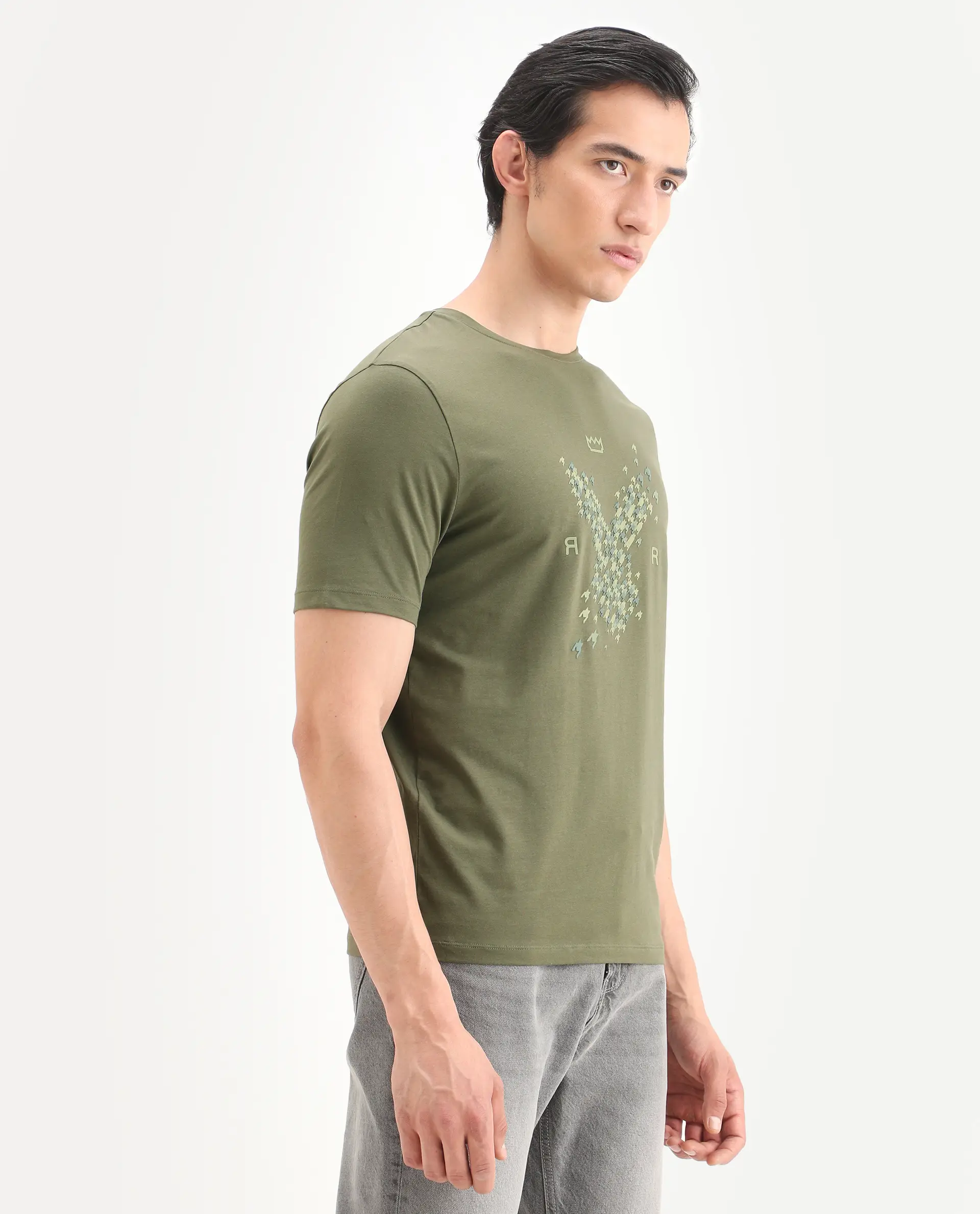 Rare Rabbit Men's Fle Olive Cotton Blend Fabric Half Sleeve Crew Neck Regular Fit Graphic Print T-Shirt - Image 6