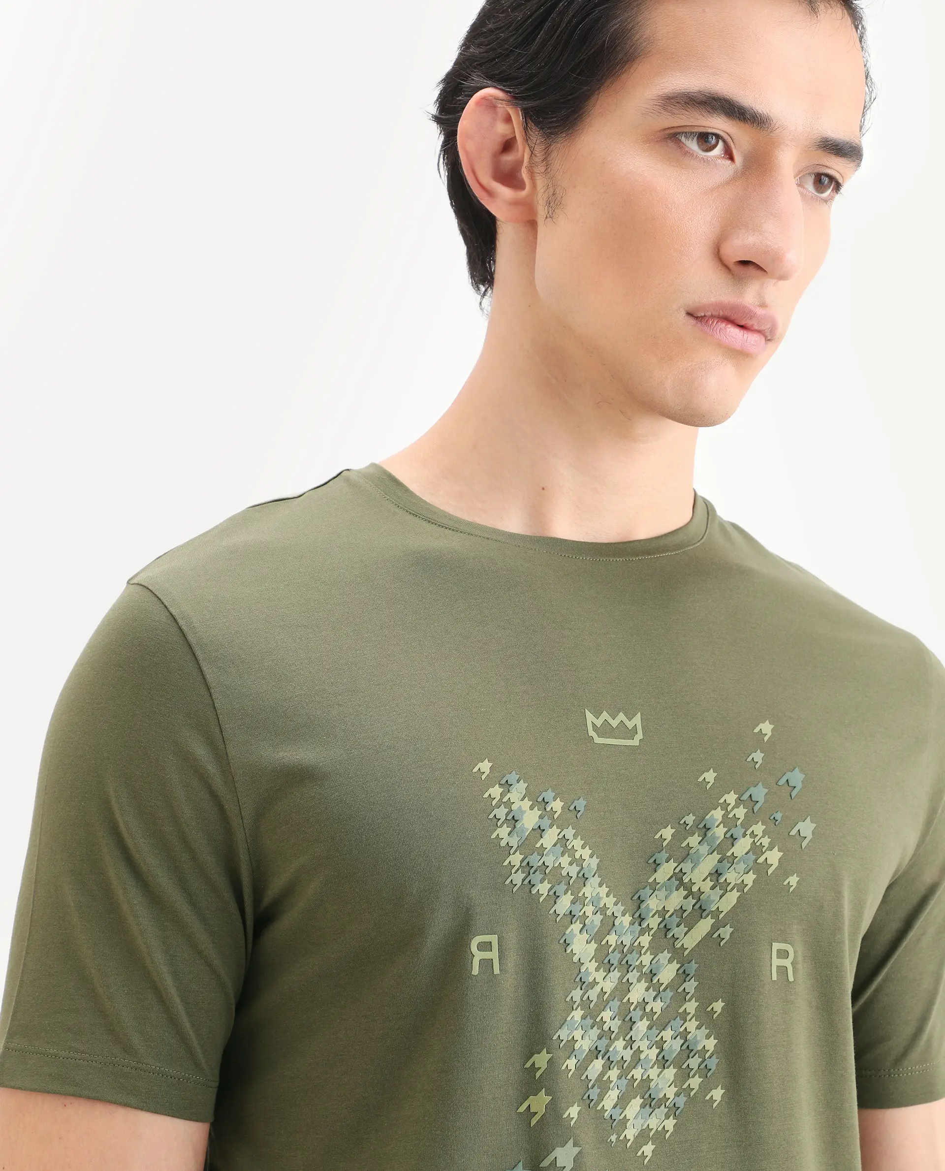 Rare Rabbit Men's Fle Olive Cotton Blend Fabric Half Sleeve Crew Neck Regular Fit Graphic Print T-Shirt - Image 7