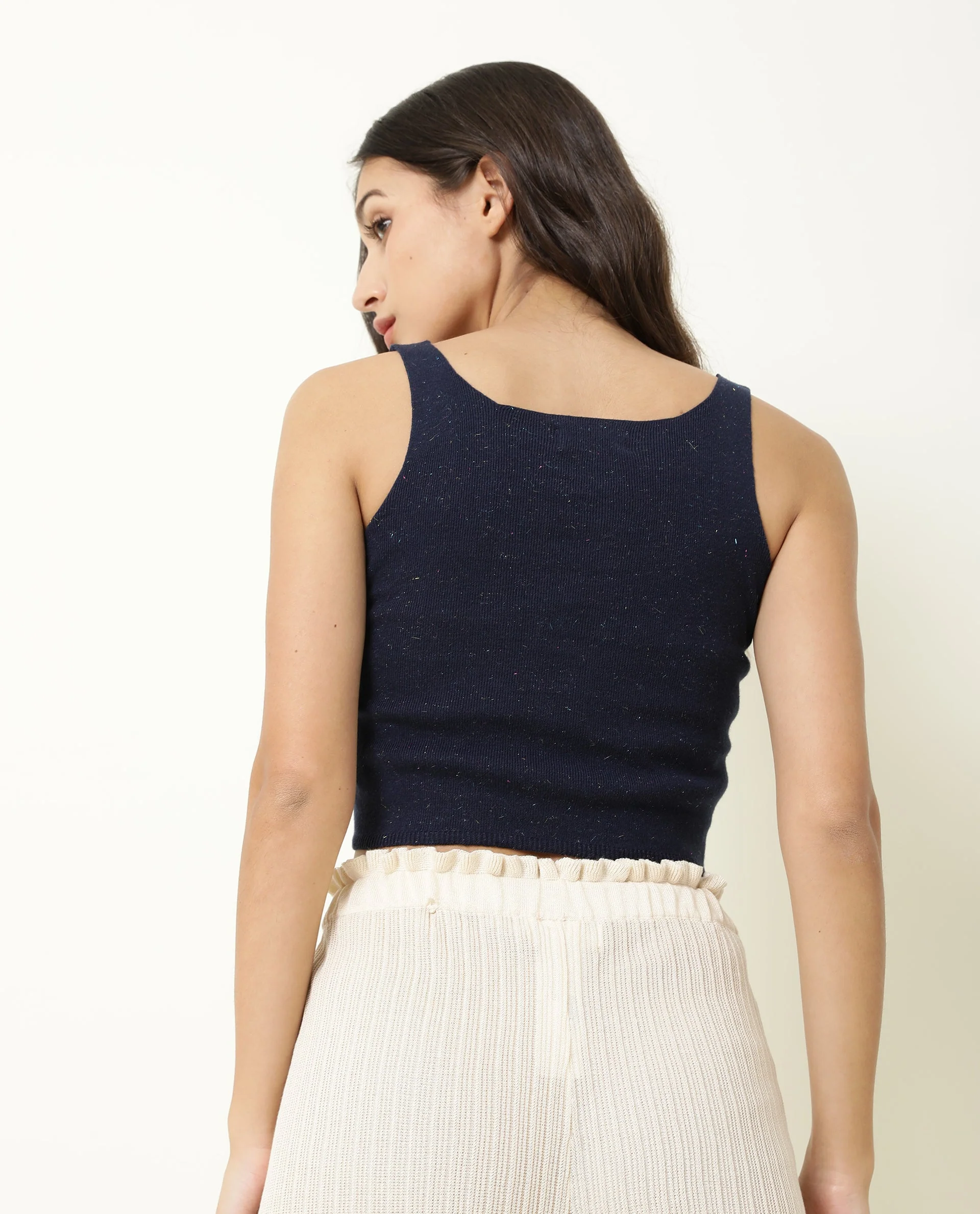 Rareism Women's Flee Navy Cotton V-Neck Plain Sleeveless Crop Regular Fit Sweater - Image 10