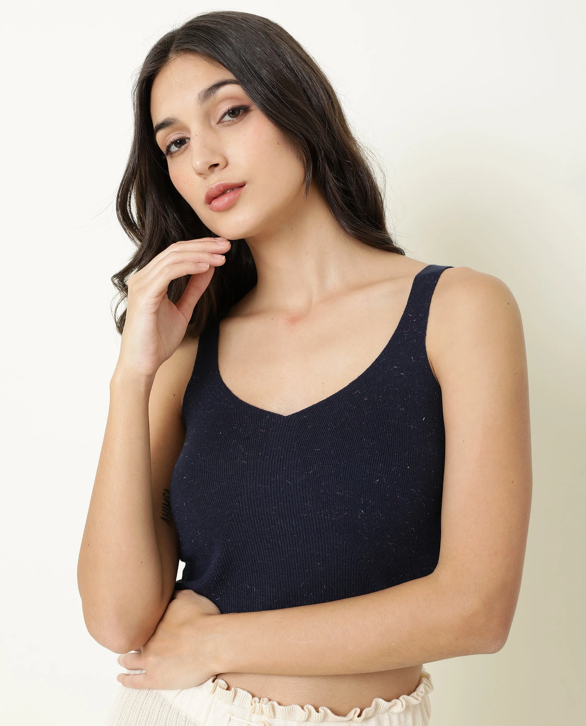 Rareism Women's Flee Navy Cotton V-Neck Plain Sleeveless Crop Regular Fit Sweater - Image 4
