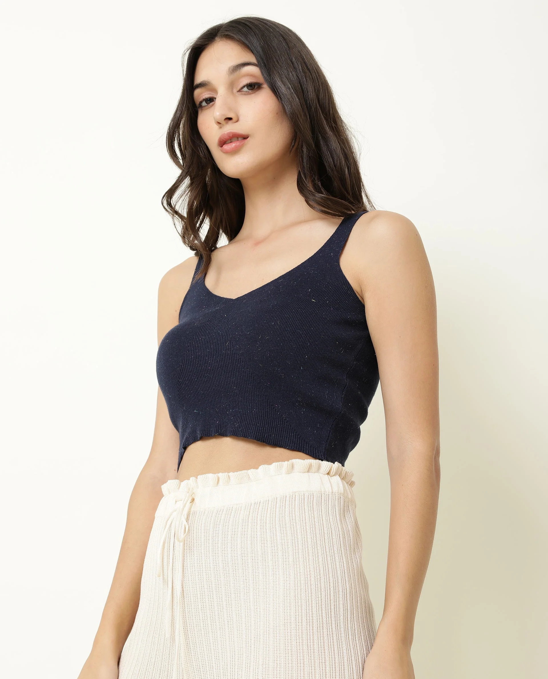 Rareism Women's Flee Navy Cotton V-Neck Plain Sleeveless Crop Regular Fit Sweater - Image 5
