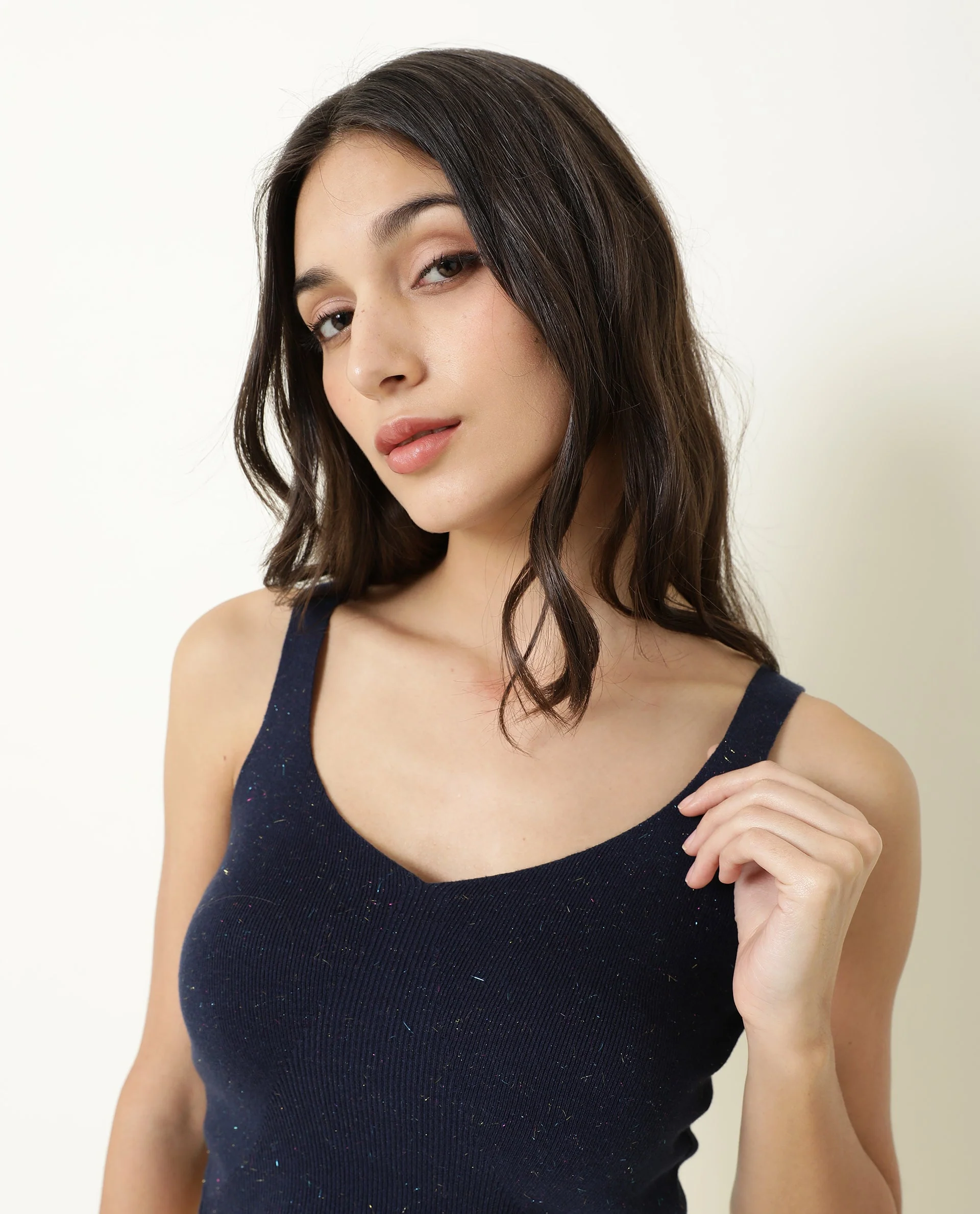 Rareism Women's Flee Navy Cotton V-Neck Plain Sleeveless Crop Regular Fit Sweater - Image 6
