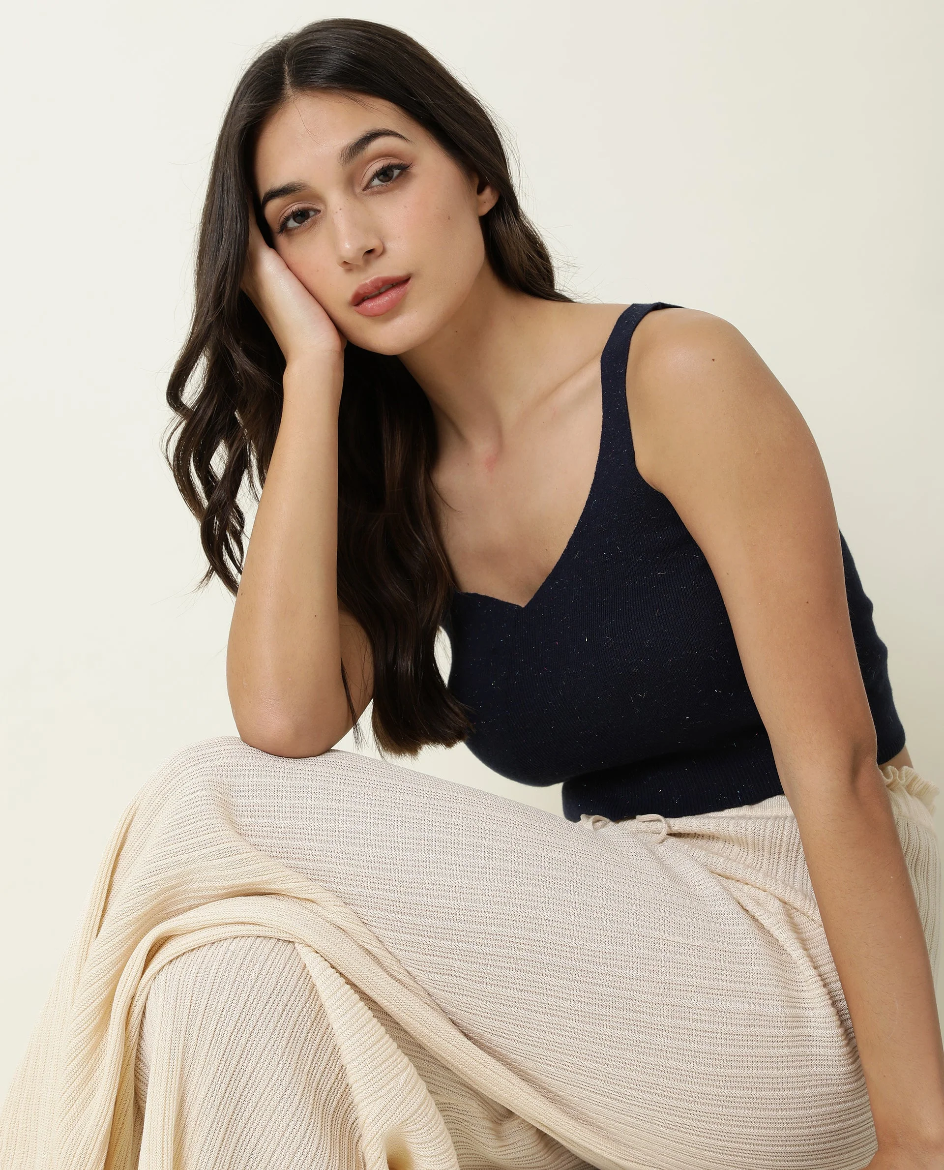 Rareism Women's Flee Navy Cotton V-Neck Plain Sleeveless Crop Regular Fit Sweater - Image 9