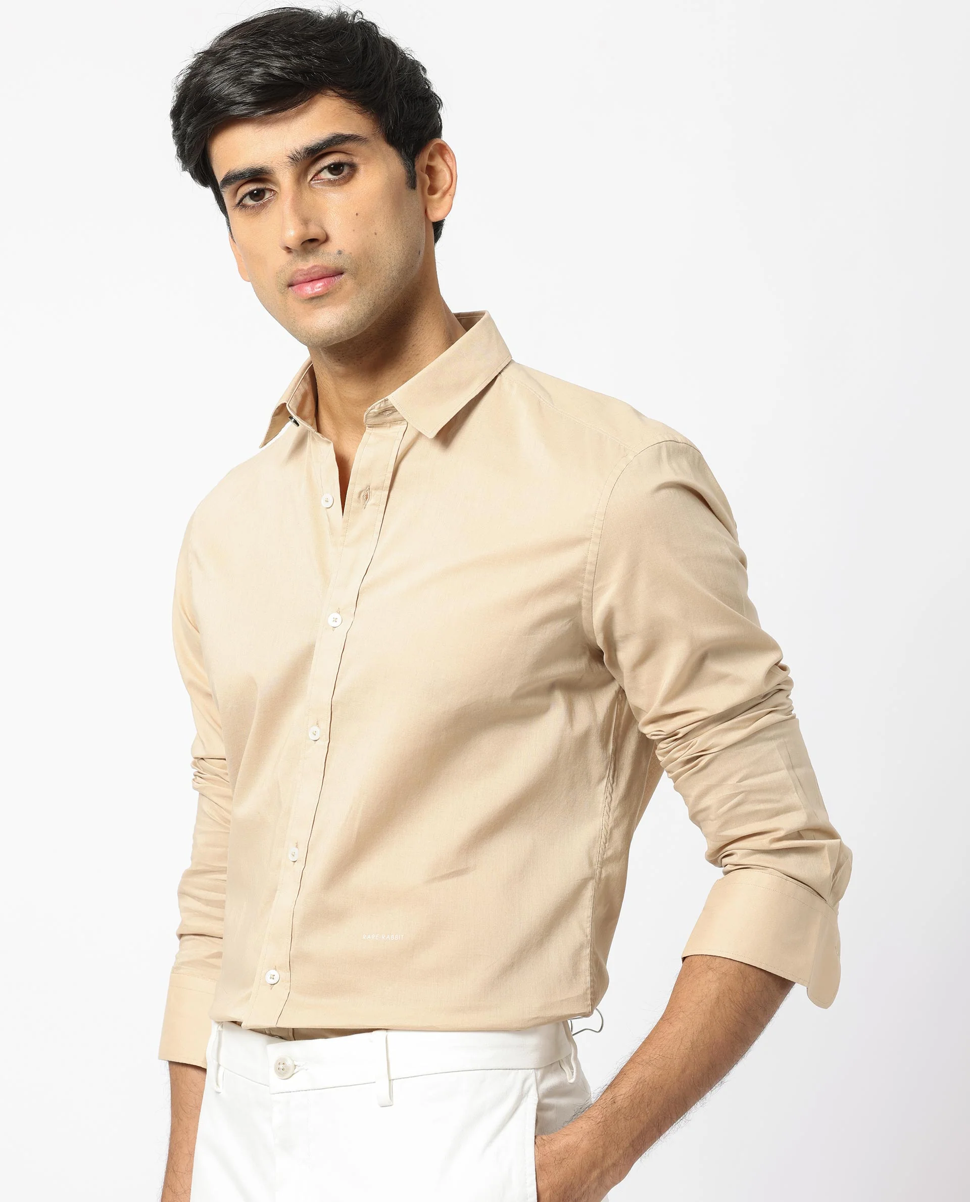 Rare Rabbit Men's Flees Beige Cotton Plain Regular Fit Full Sleeve Collared Shirt - Image 3