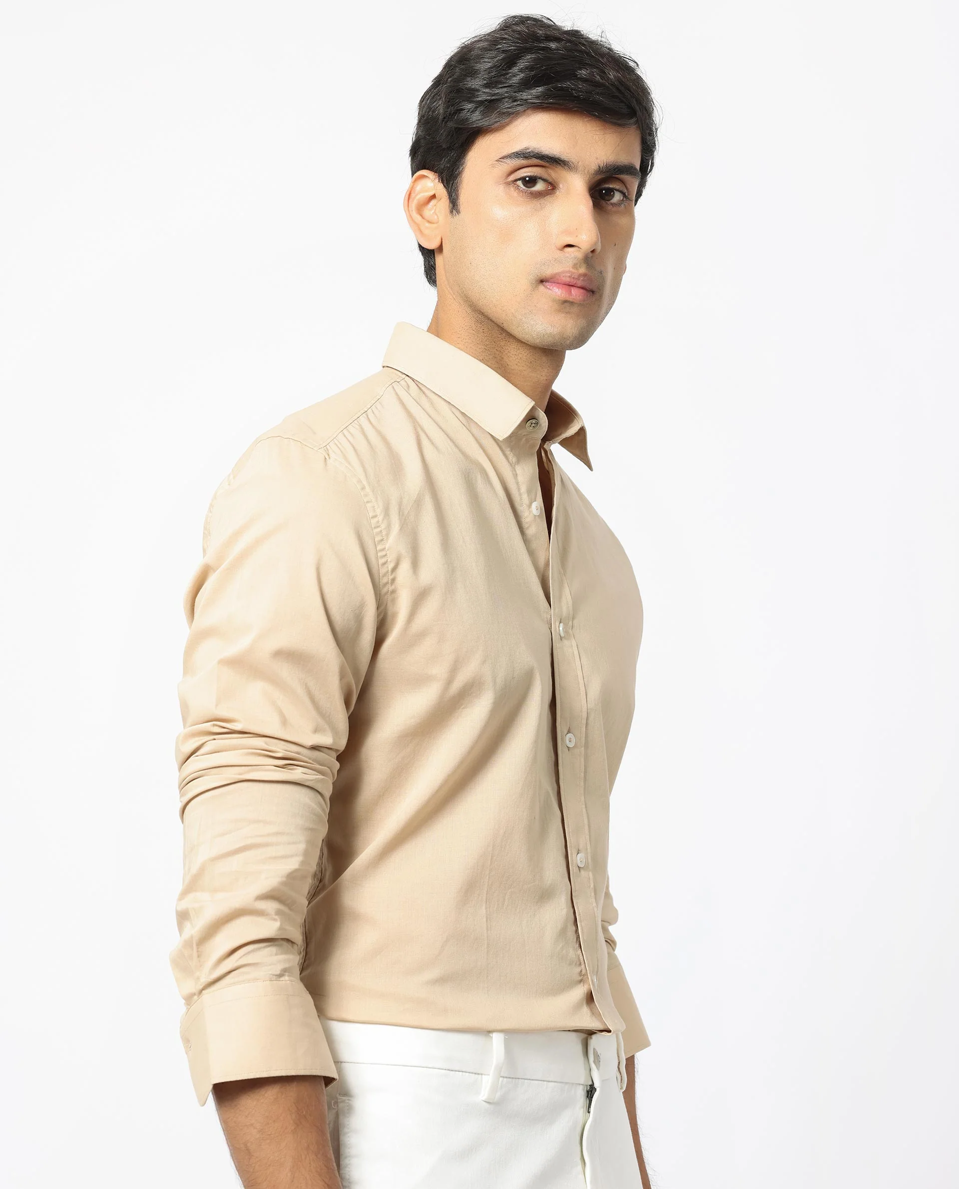 Rare Rabbit Men's Flees Beige Cotton Plain Regular Fit Full Sleeve Collared Shirt - Image 6