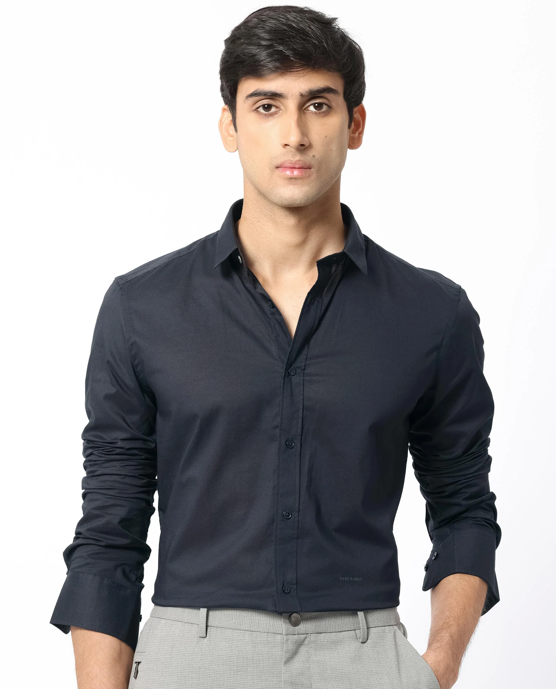 Rare Rabbit Men's Flees Dark Navy Cotton Plain Regular Fit Full Sleeve Collared Shirt