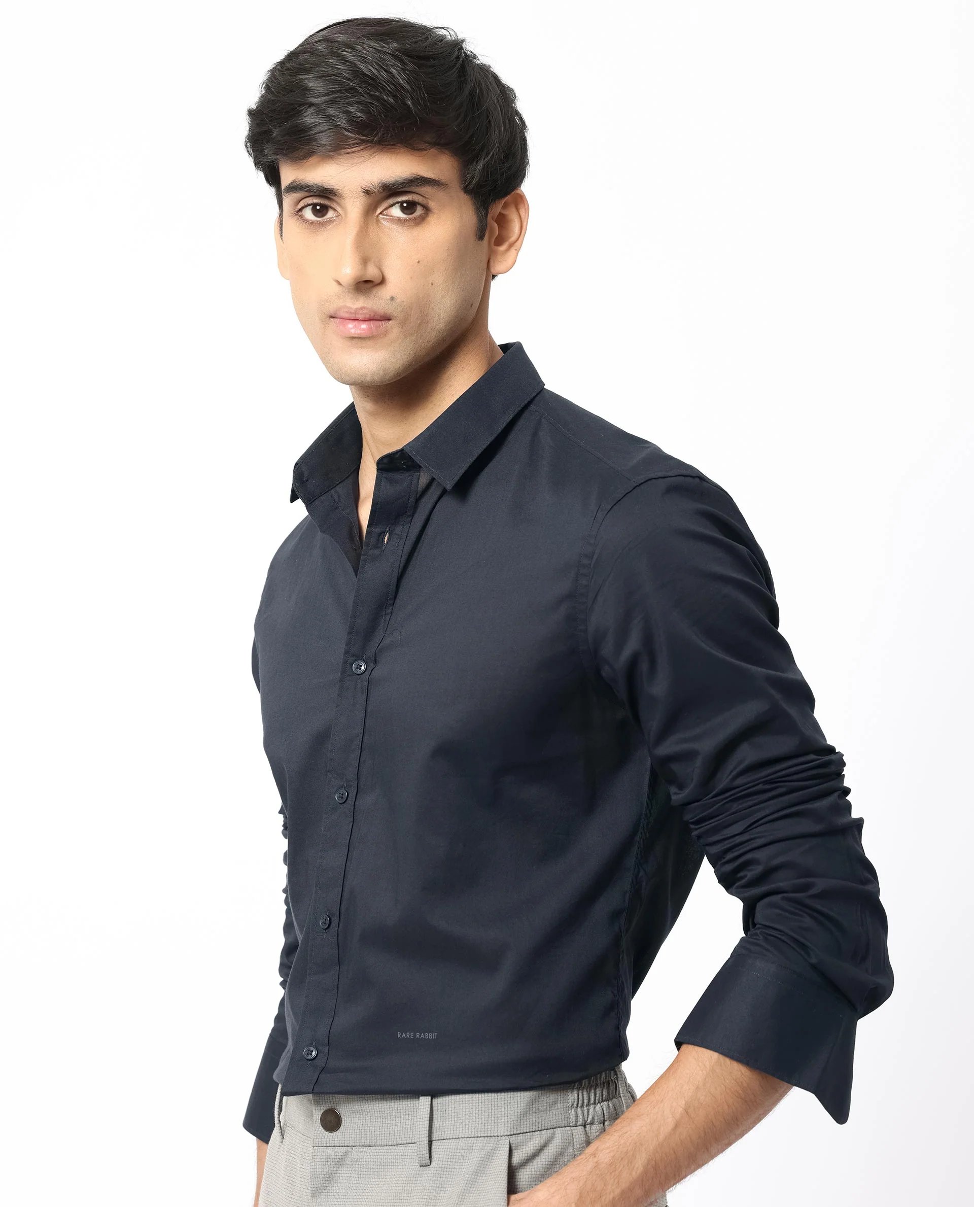 Rare Rabbit Men's Flees Dark Navy Cotton Plain Regular Fit Full Sleeve Collared Shirt - Image 2