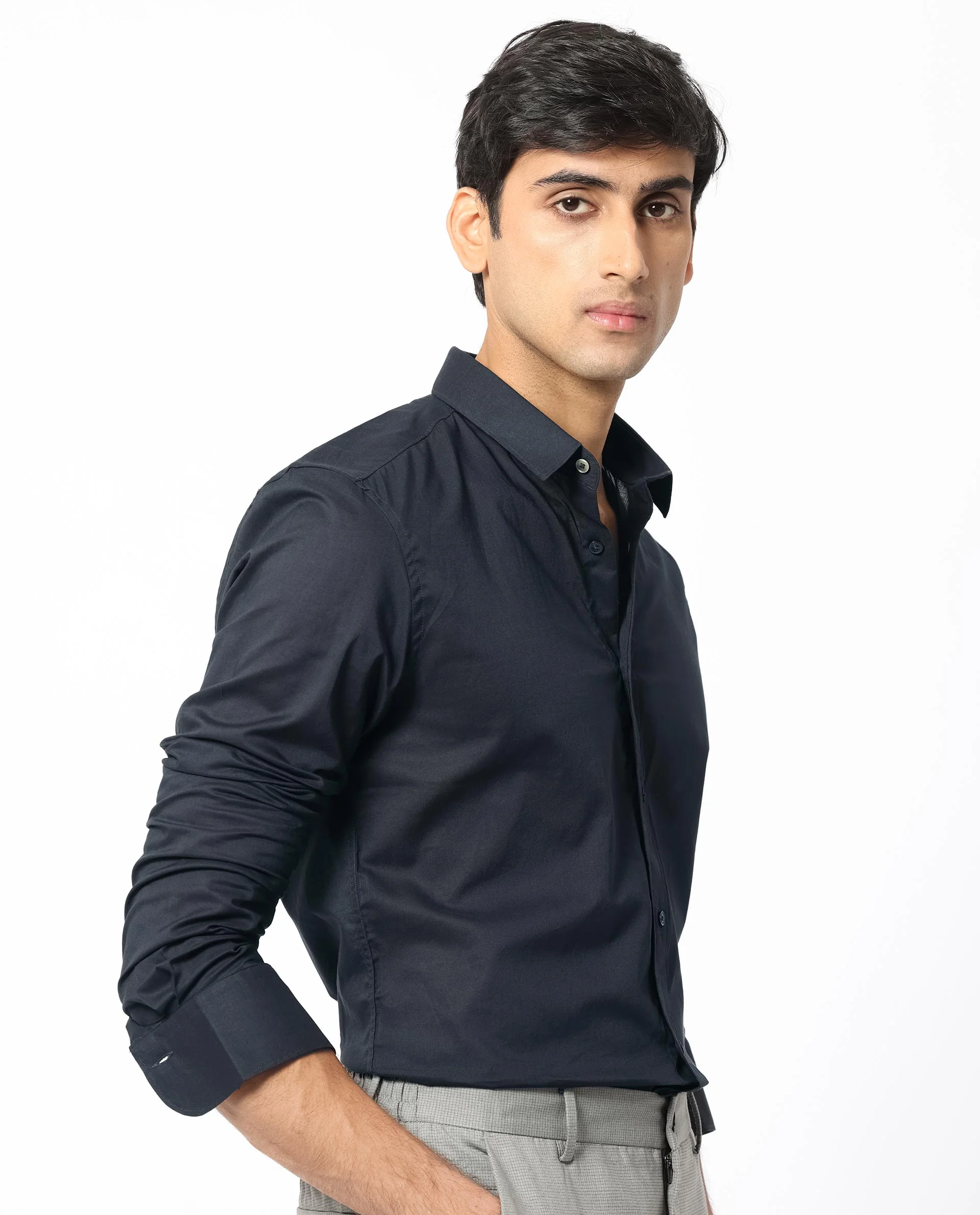 Rare Rabbit Men's Flees Dark Navy Cotton Plain Regular Fit Full Sleeve Collared Shirt - Image 6