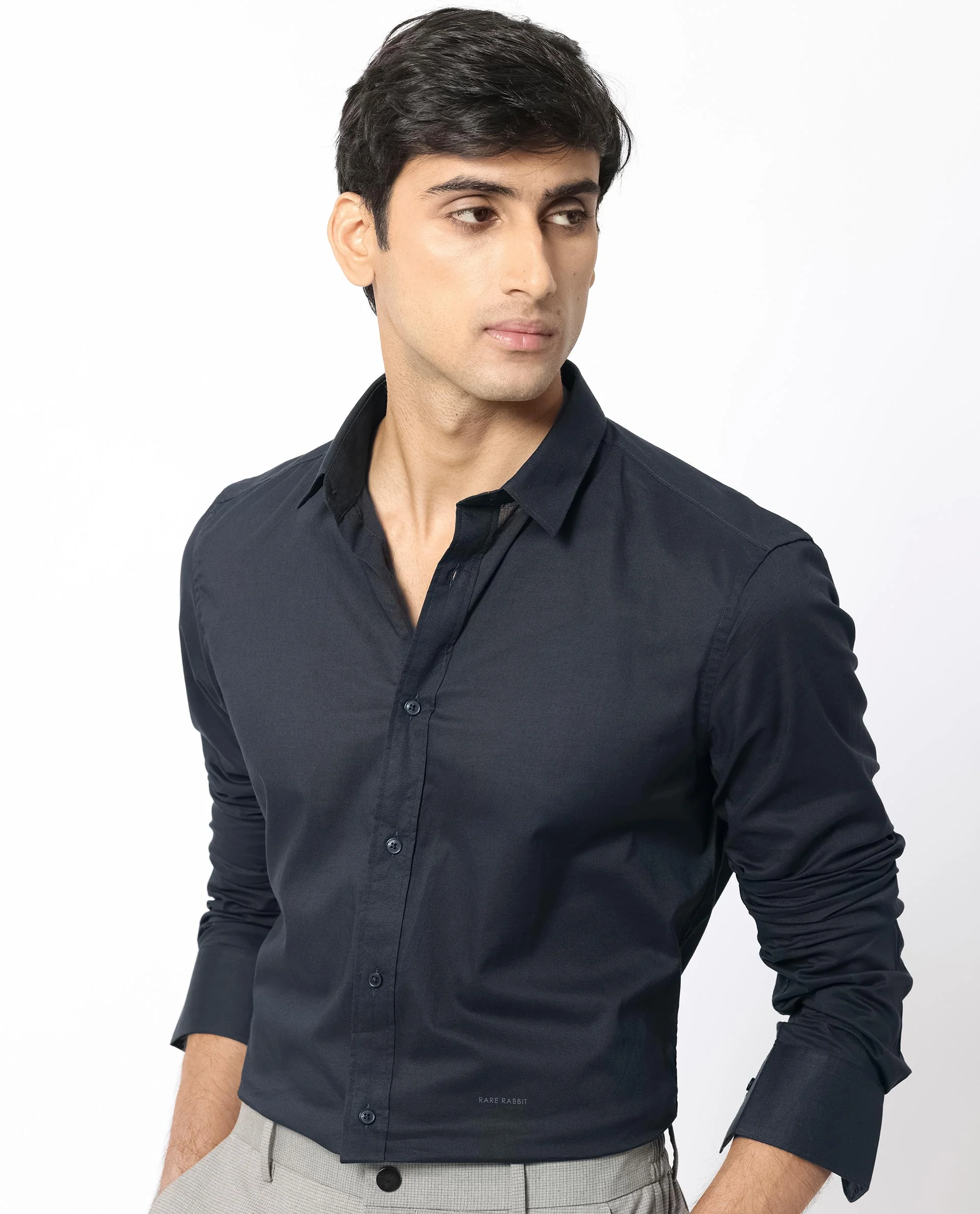 Rare Rabbit Men's Flees Dark Navy Cotton Plain Regular Fit Full Sleeve Collared Shirt - Image 7