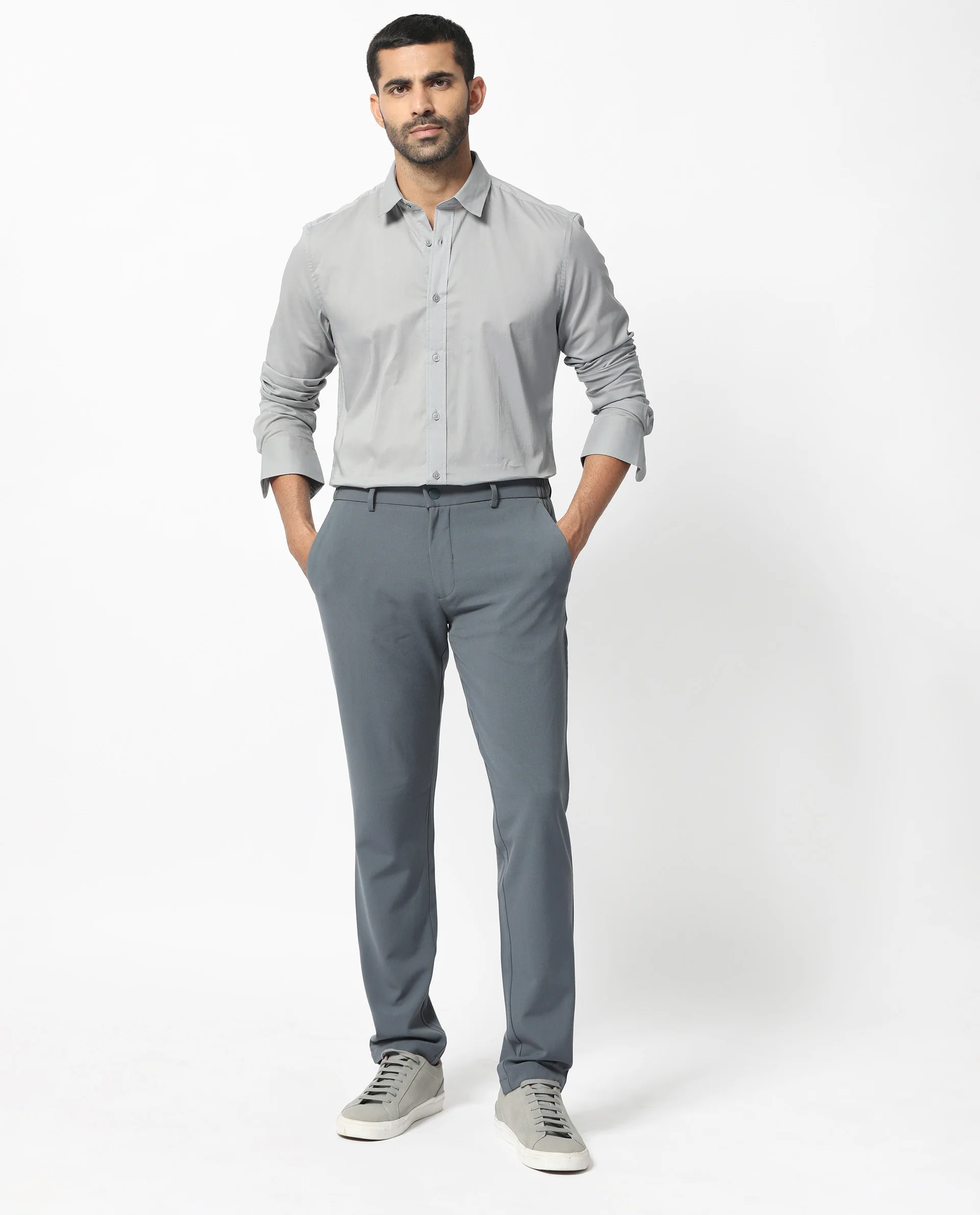 Rare Rabbit Men's Flees Grey Cotton Plain Regular Fit Full Sleeve Collared Shirt - Image 2