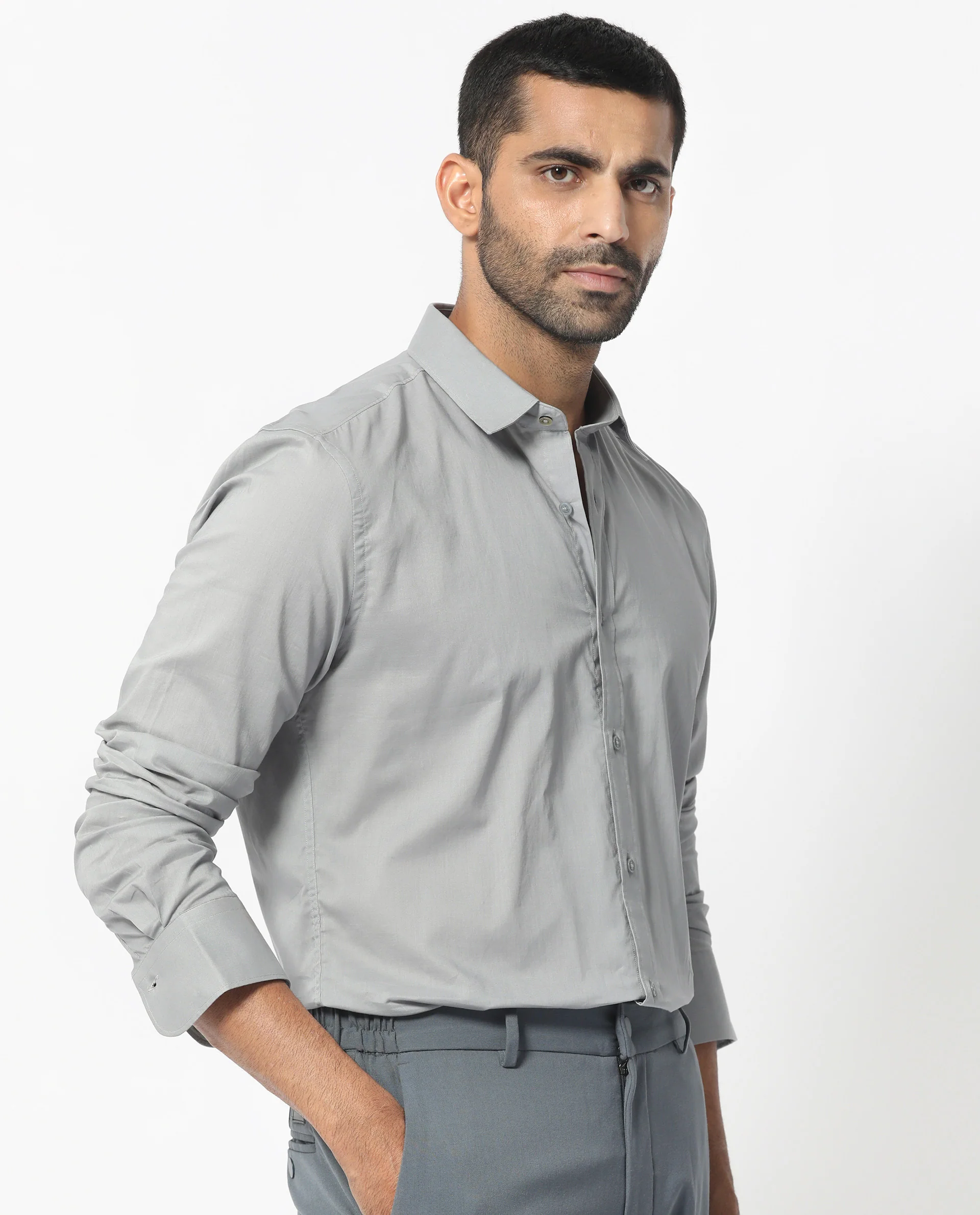 Rare Rabbit Men's Flees Grey Cotton Plain Regular Fit Full Sleeve Collared Shirt - Image 3
