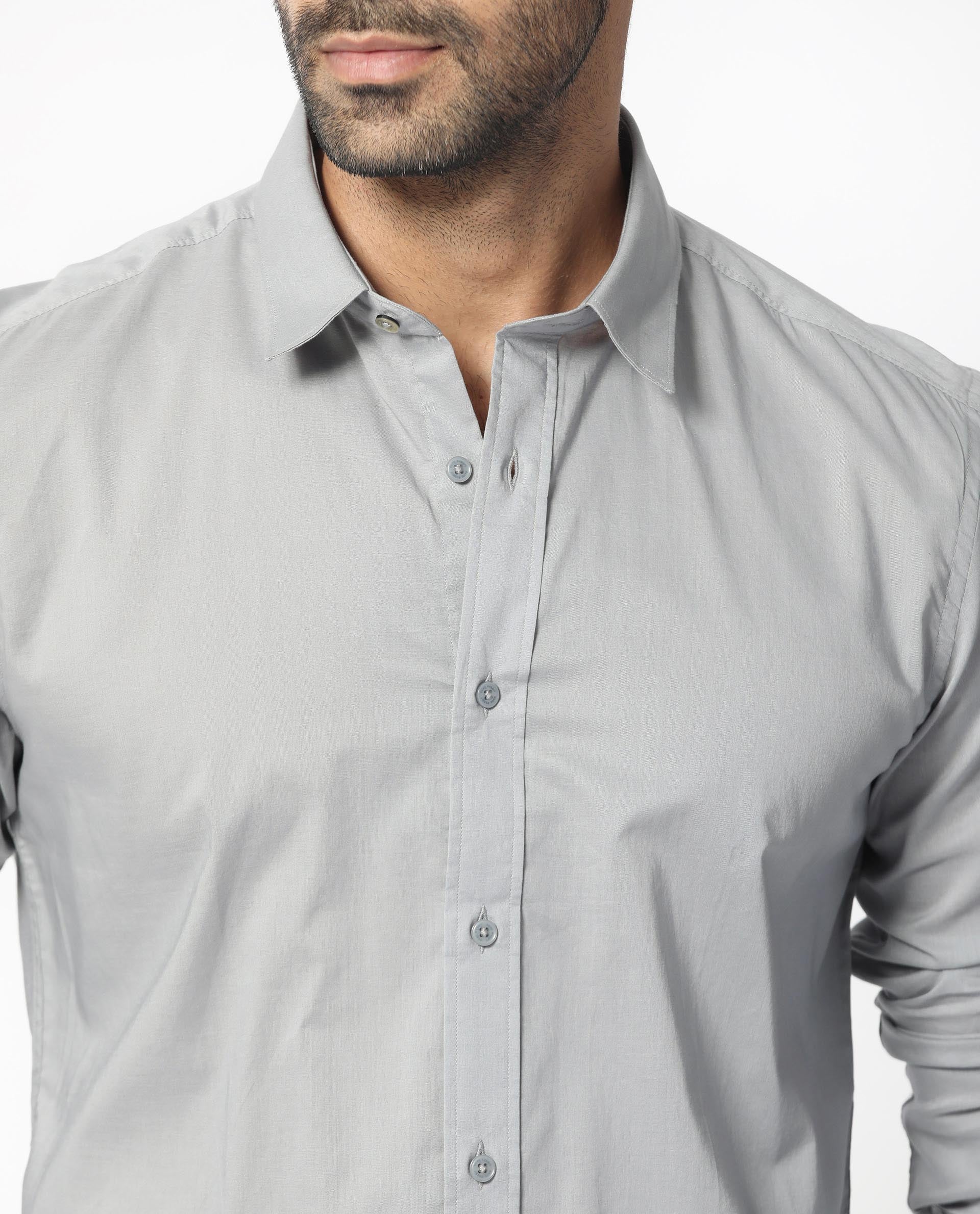 Rare Rabbit Men's Flees Grey Cotton Plain Regular Fit Full Sleeve Collared Shirt - Image 4
