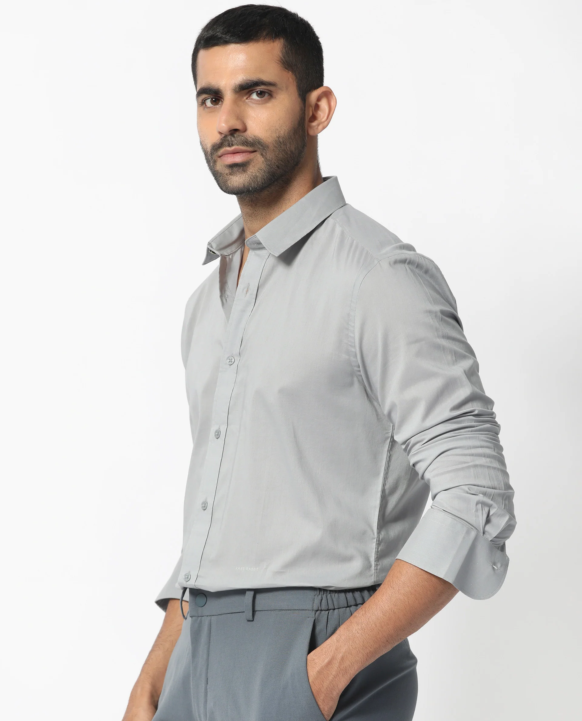 Rare Rabbit Men's Flees Grey Cotton Plain Regular Fit Full Sleeve Collared Shirt - Image 7