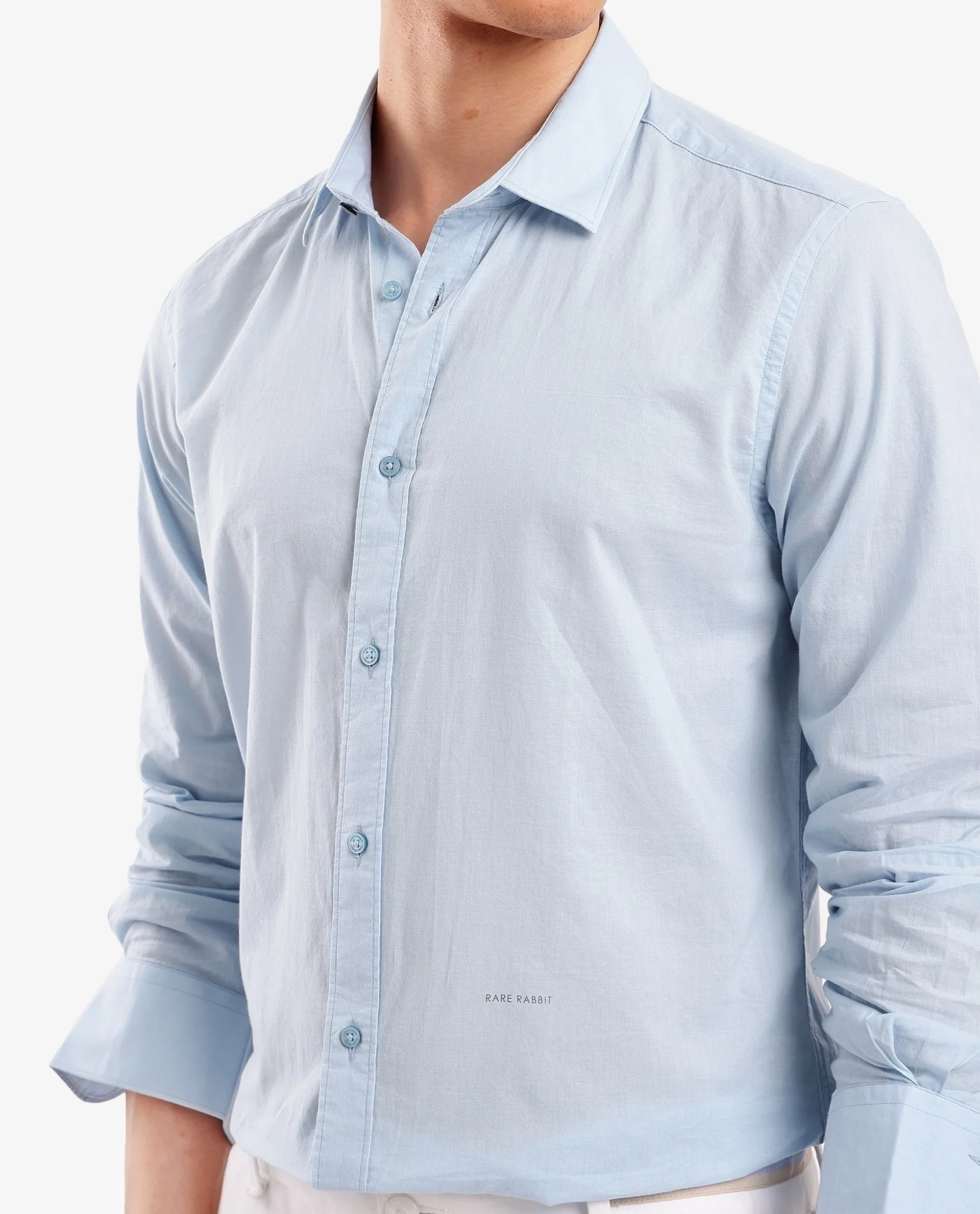 Rare Rabbit Men's Flees Light Blue Cotton Plain Regular Fit Full Sleeve Collared Shirt - Image 3