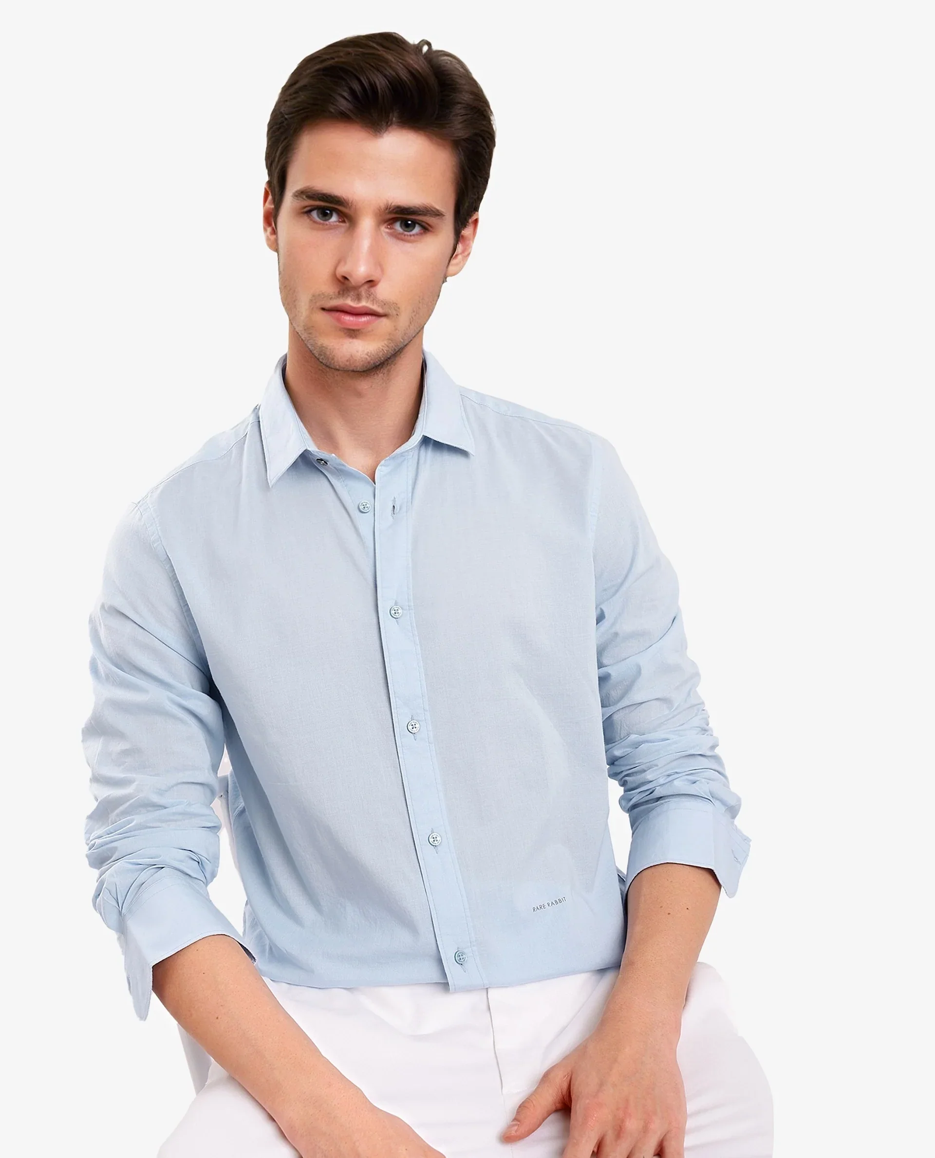 Rare Rabbit Men's Flees Light Blue Cotton Plain Regular Fit Full Sleeve Collared Shirt - Image 5
