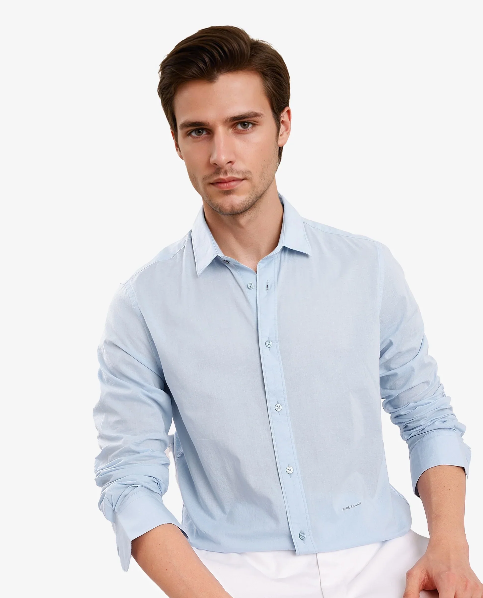 Rare Rabbit Men's Flees Light Blue Cotton Plain Regular Fit Full Sleeve Collared Shirt - Image 7
