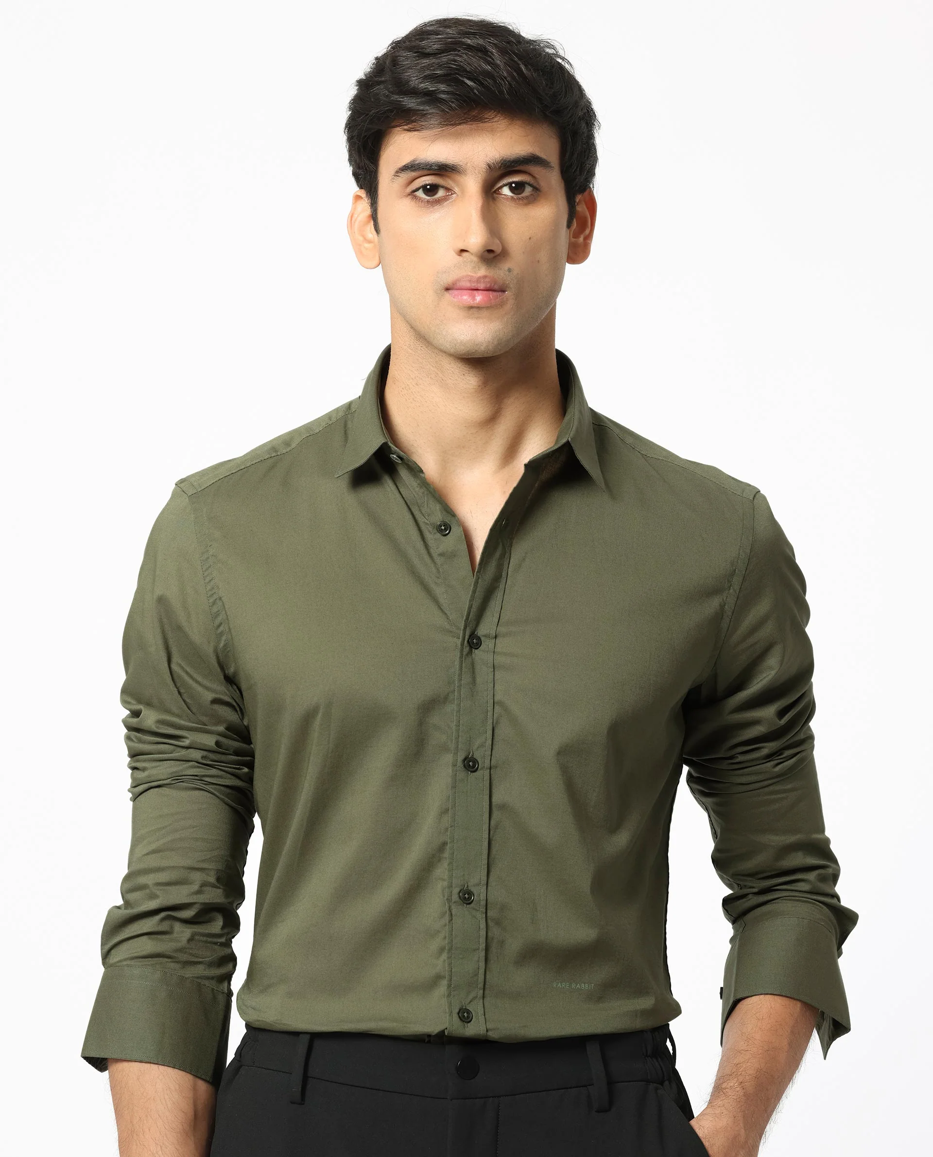 Rare Rabbit Men's Flees Olive Cotton Plain Regular Fit Full Sleeve Collared Shirt