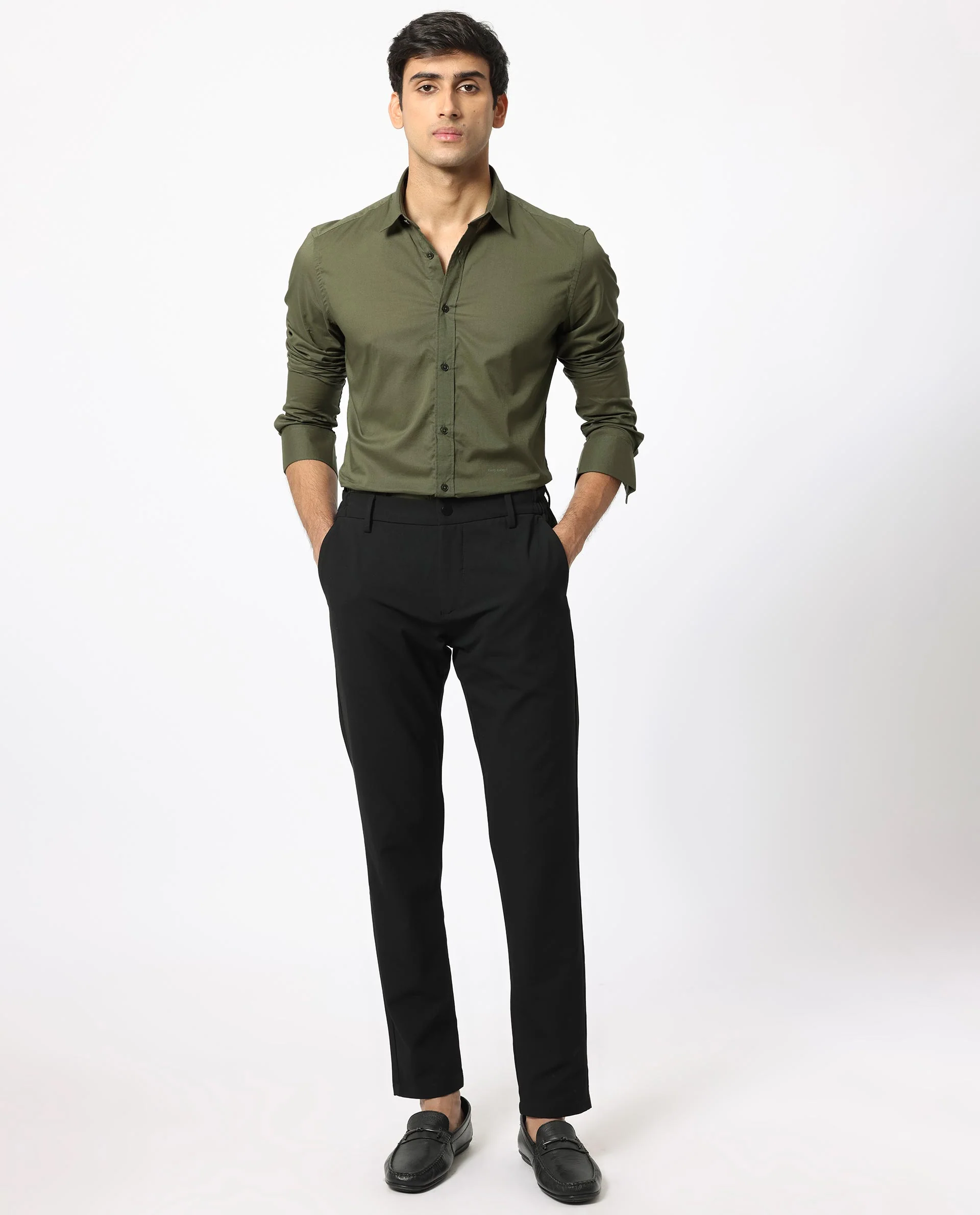 Rare Rabbit Men's Flees Olive Cotton Plain Regular Fit Full Sleeve Collared Shirt - Image 2