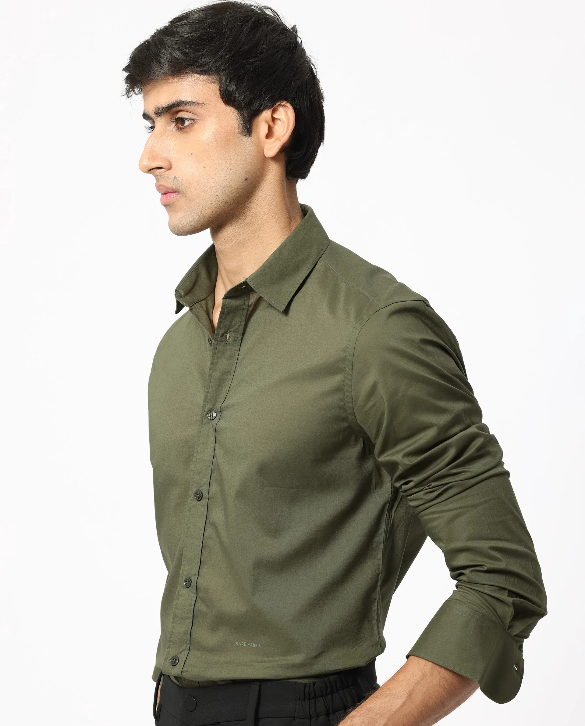 Rare Rabbit Men's Flees Olive Cotton Plain Regular Fit Full Sleeve Collared Shirt - Image 3