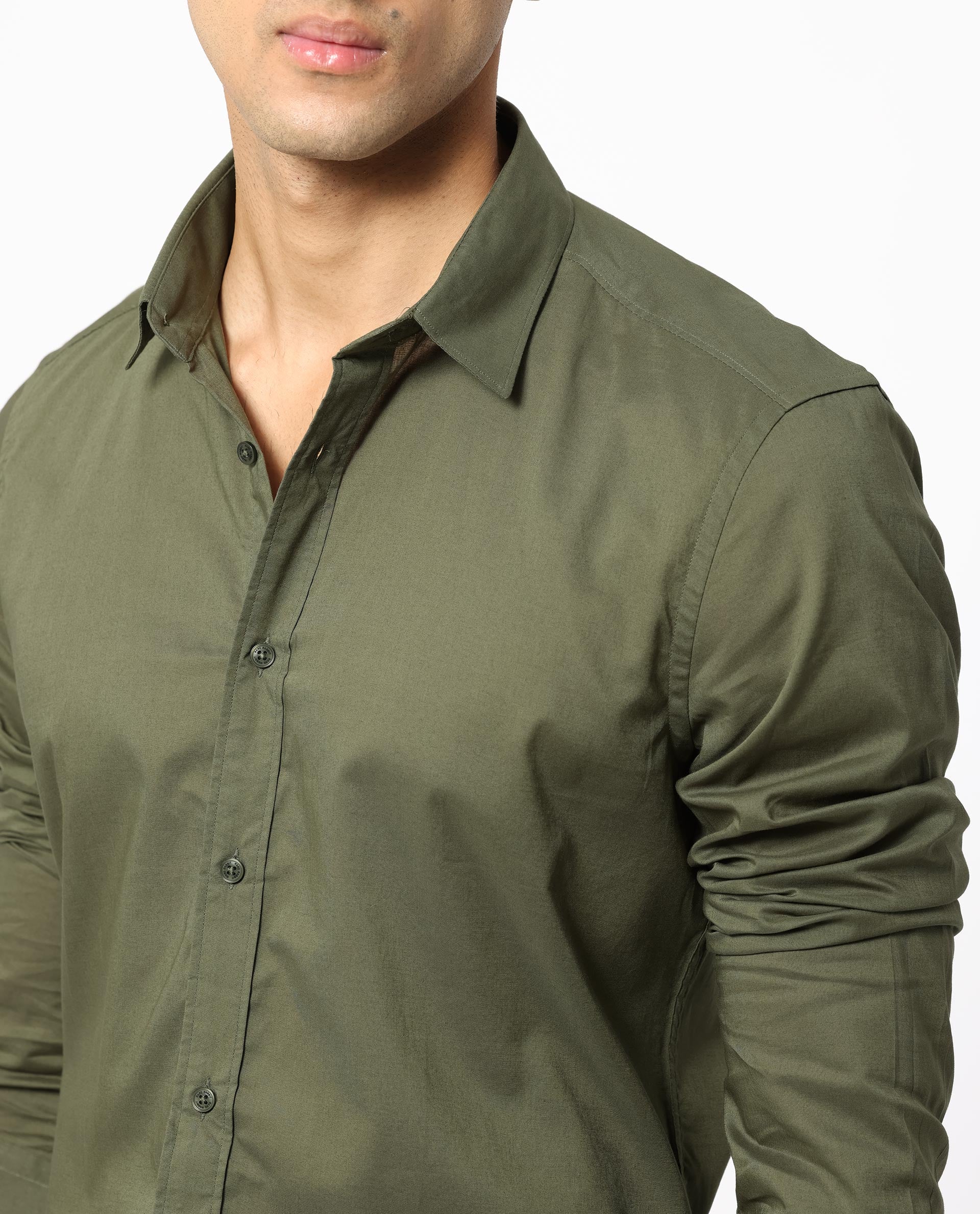 Rare Rabbit Men's Flees Olive Cotton Plain Regular Fit Full Sleeve Collared Shirt - Image 4