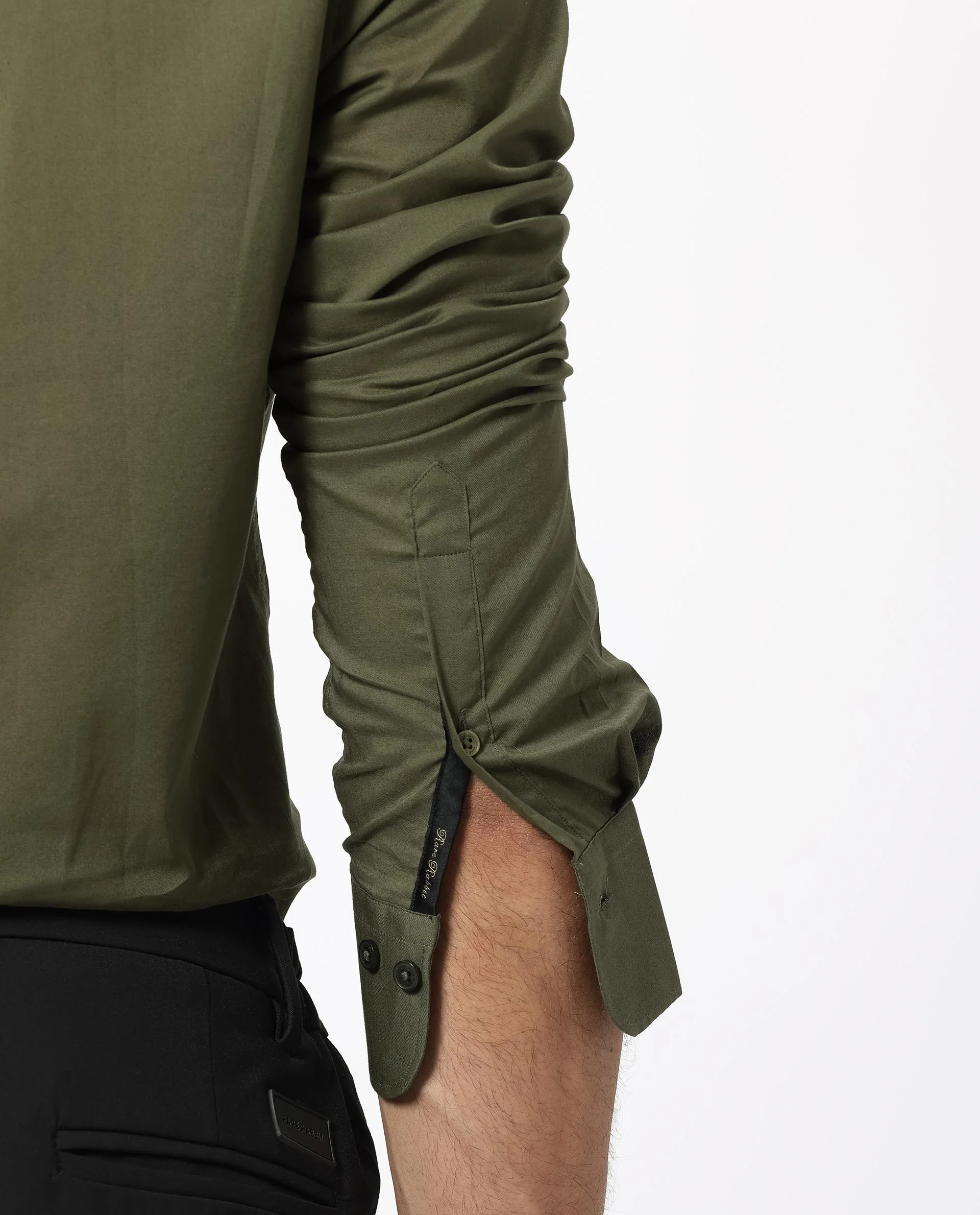 Rare Rabbit Men's Flees Olive Cotton Plain Regular Fit Full Sleeve Collared Shirt - Image 5