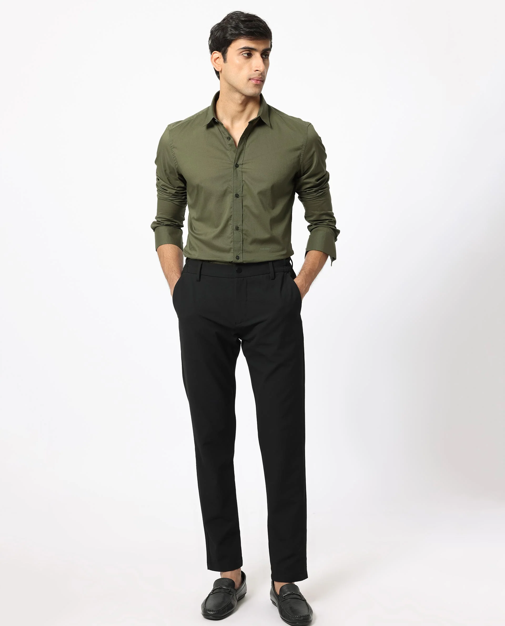 Rare Rabbit Men's Flees Olive Cotton Plain Regular Fit Full Sleeve Collared Shirt - Image 6