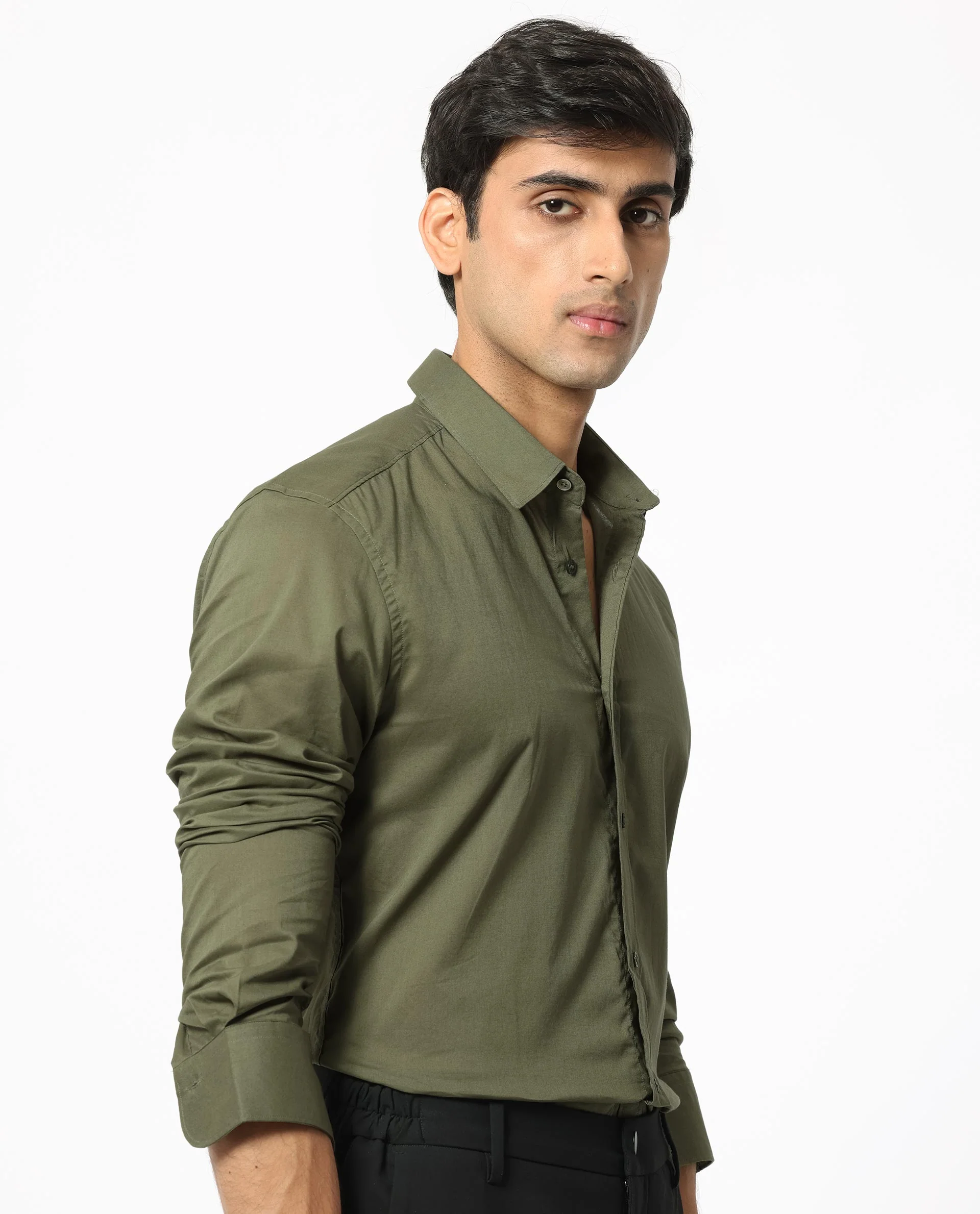 Rare Rabbit Men's Flees Olive Cotton Plain Regular Fit Full Sleeve Collared Shirt - Image 7