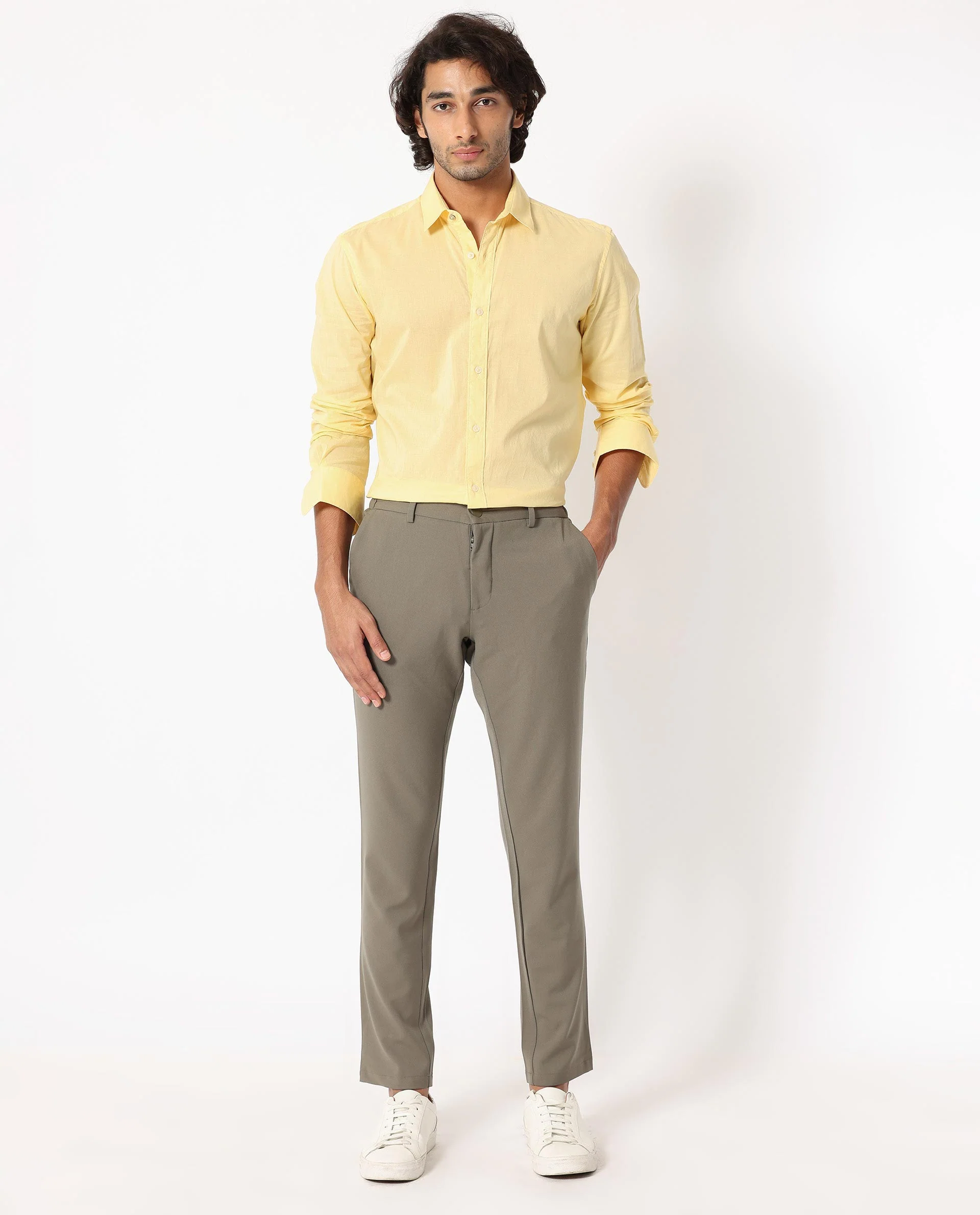 Rare Rabbit Men's Flees Yellow Cotton Plain Regular Fit Full Sleeve Collared Shirt - Image 2