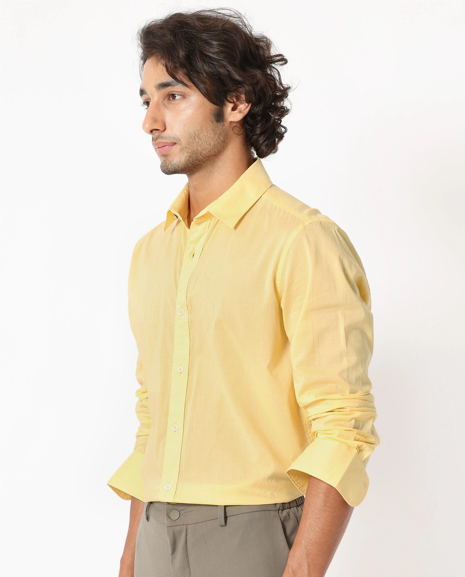 Rare Rabbit Men's Flees Yellow Cotton Plain Regular Fit Full Sleeve Collared Shirt - Image 3